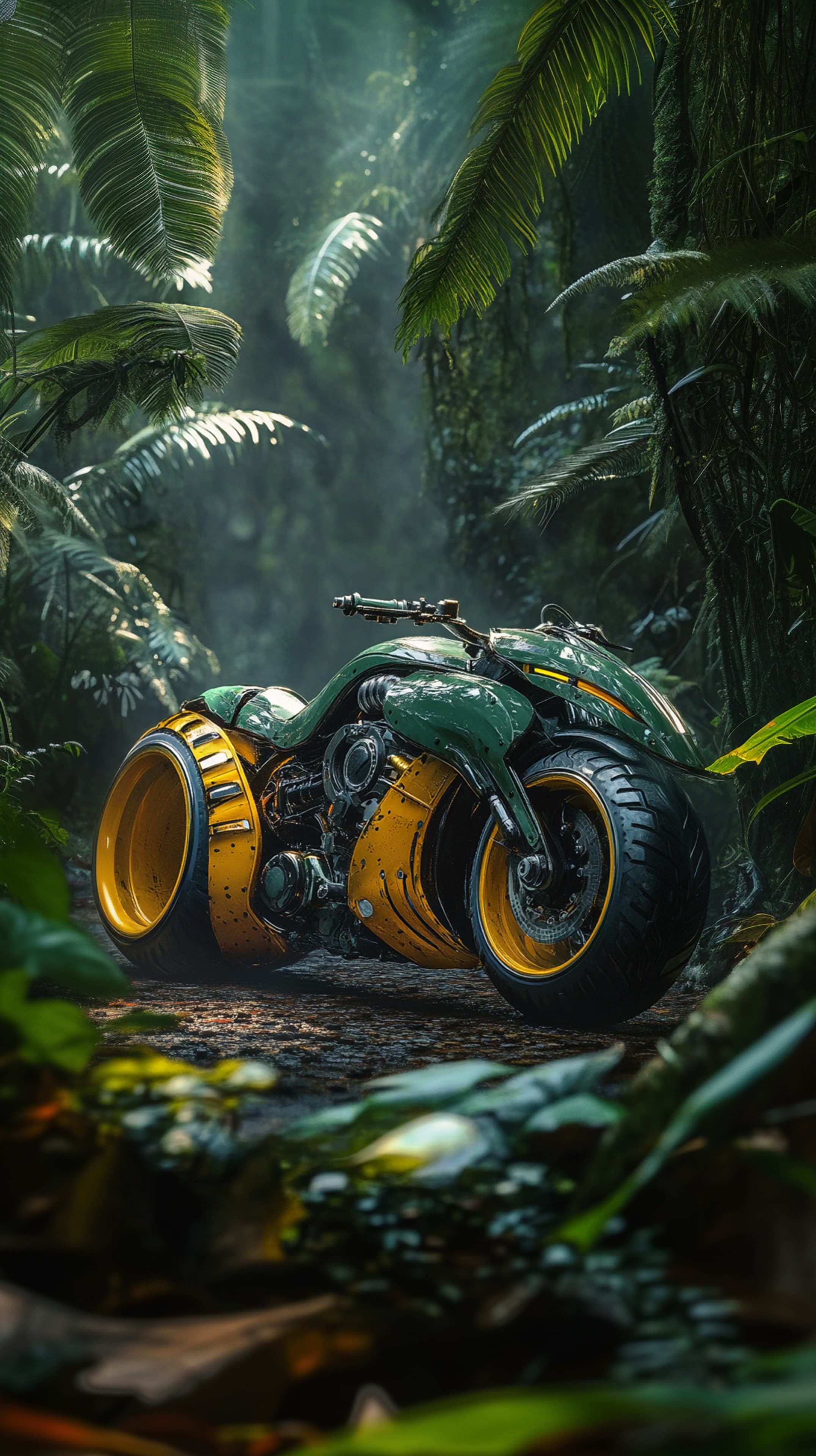Futuristic Green Motorcycle Hidden in a Lush Jungle Scene - High Resolution green-motorcycle Wallpaper for Mobile and Desktop