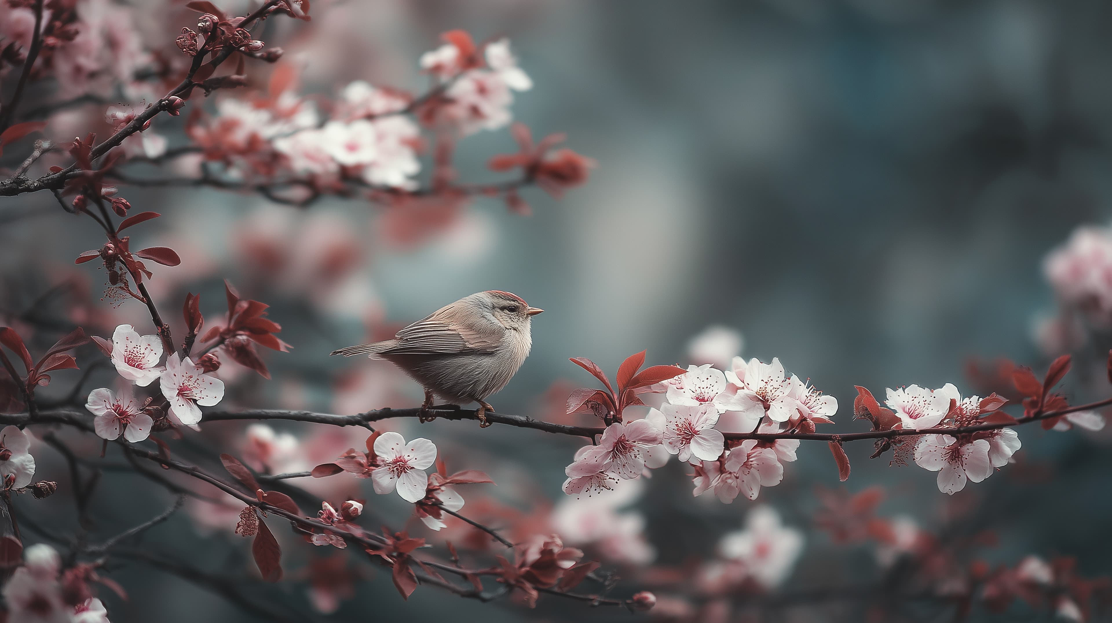 Soft Pink Blossom Branch with Tiny Songbird Wallpaper - High Resolution bird Wallpaper for Mobile and Desktop