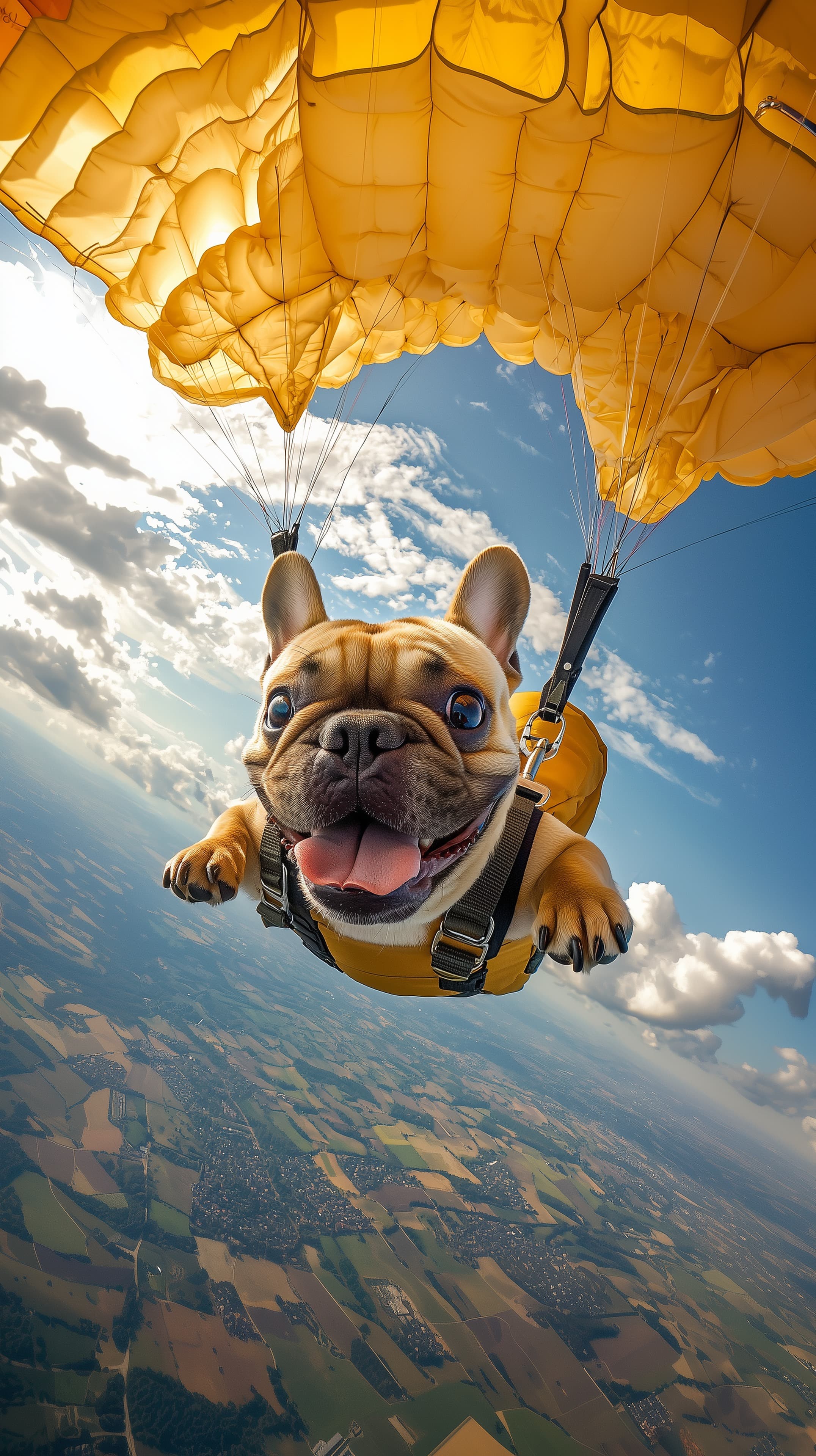 Cheerful dog paragliding under sunny yellow canopy - High Resolution adventure Wallpaper for Mobile and Desktop