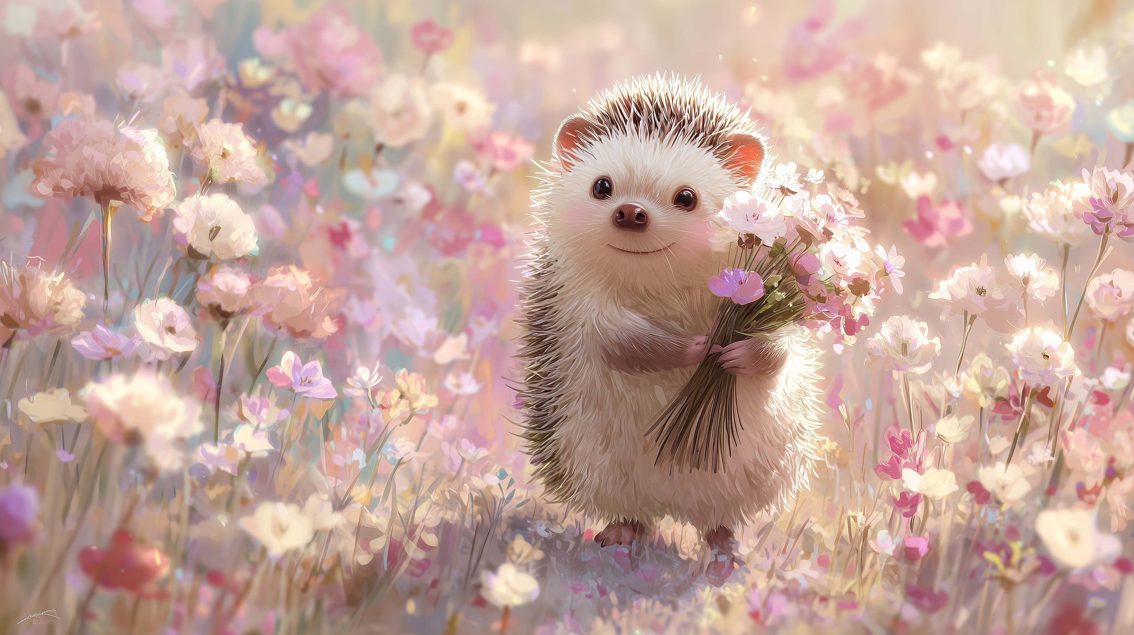 Whimsical Hedgehog in a Dreamy Flower Field - Pastel Spring Wallpaper - High Resolution bokeh Wallpaper for Mobile and Desktop