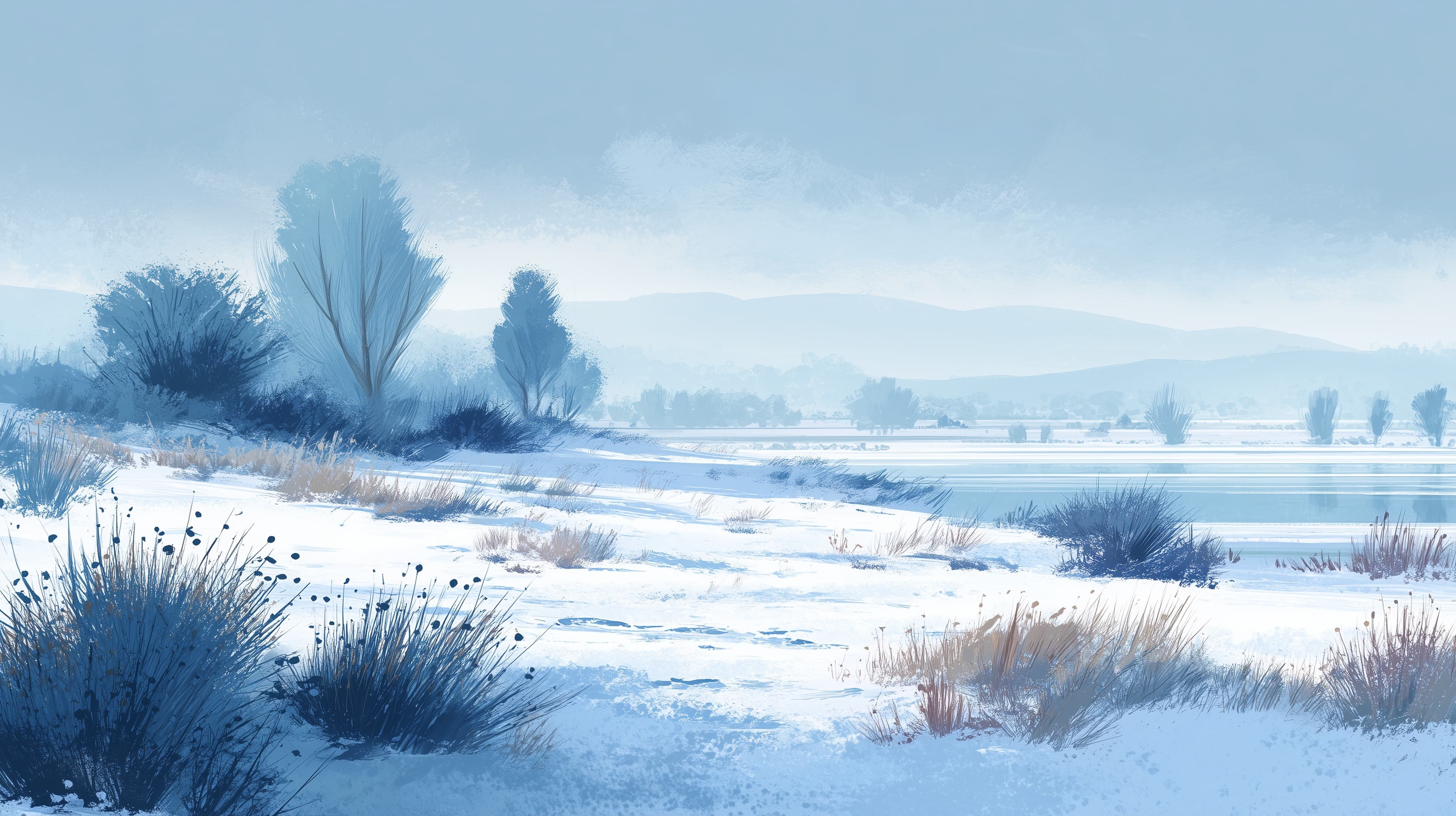 Blue Winter Landscape: Snowy Lakeside Scene in Calm Blues - High Resolution blue-landscape Wallpaper for Mobile and Desktop