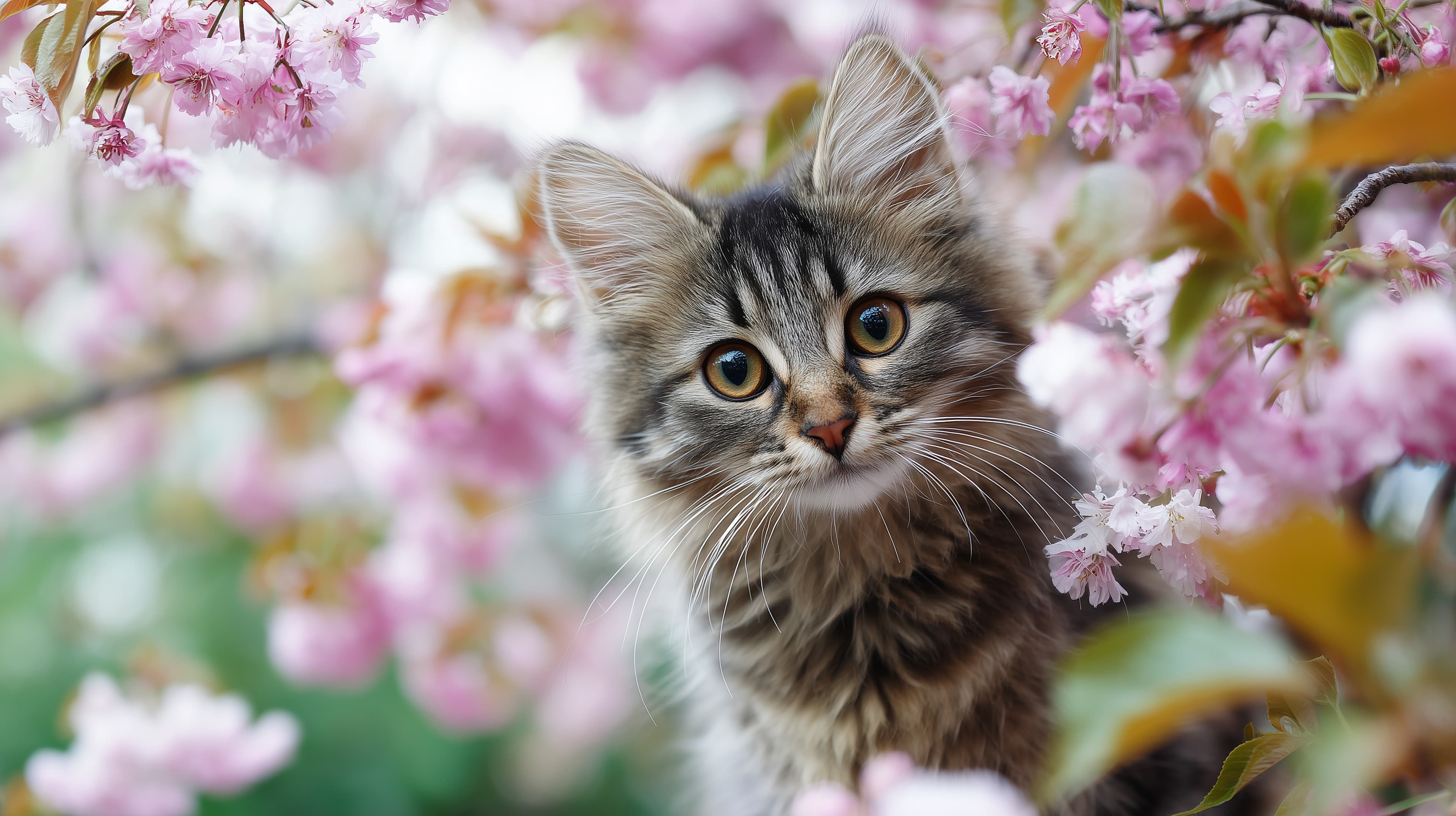 Delicate Kitten Among Pink Blossoms - Soft Wallpaper - High Resolution blossoms Wallpaper for Mobile and Desktop