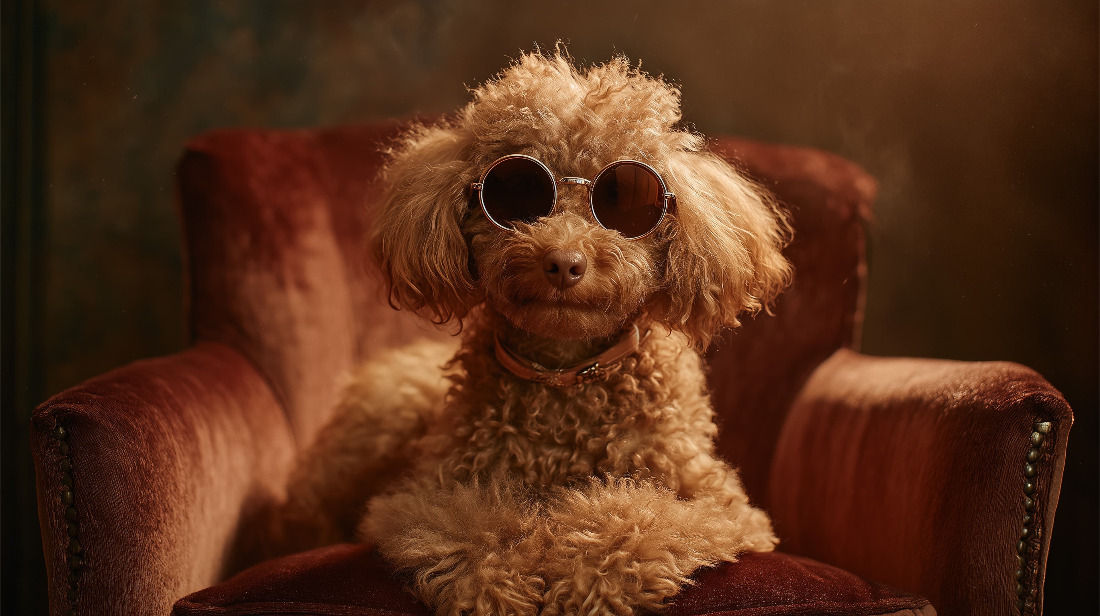Chic Poodle with Round Sunglasses on Velvet Armchair - High Resolution poodle Wallpaper for Mobile and Desktop