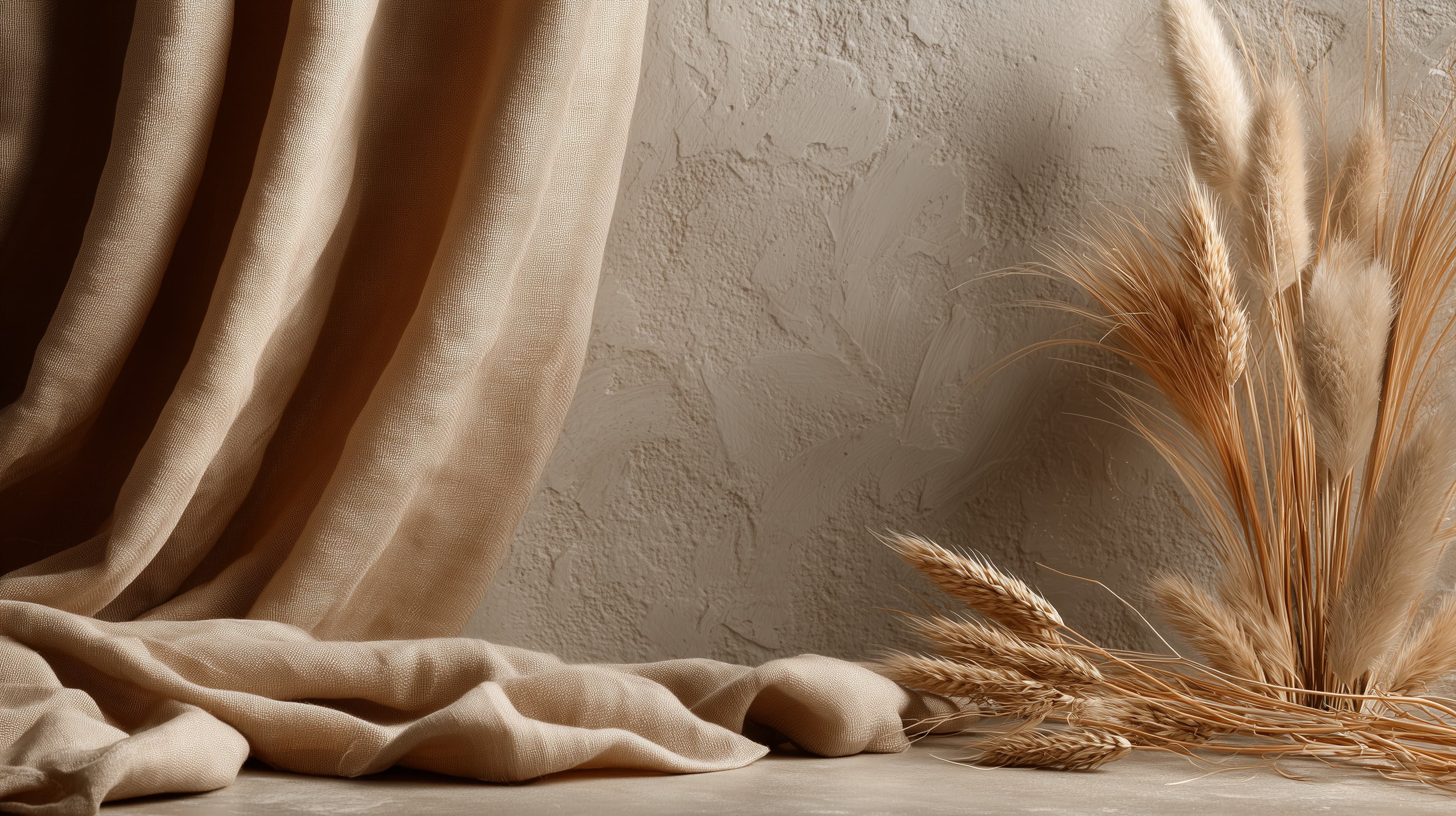 Neutral Beige Curtains and Dried Grass Still Life Wallpaper - High Resolution beige Wallpaper for Mobile and Desktop