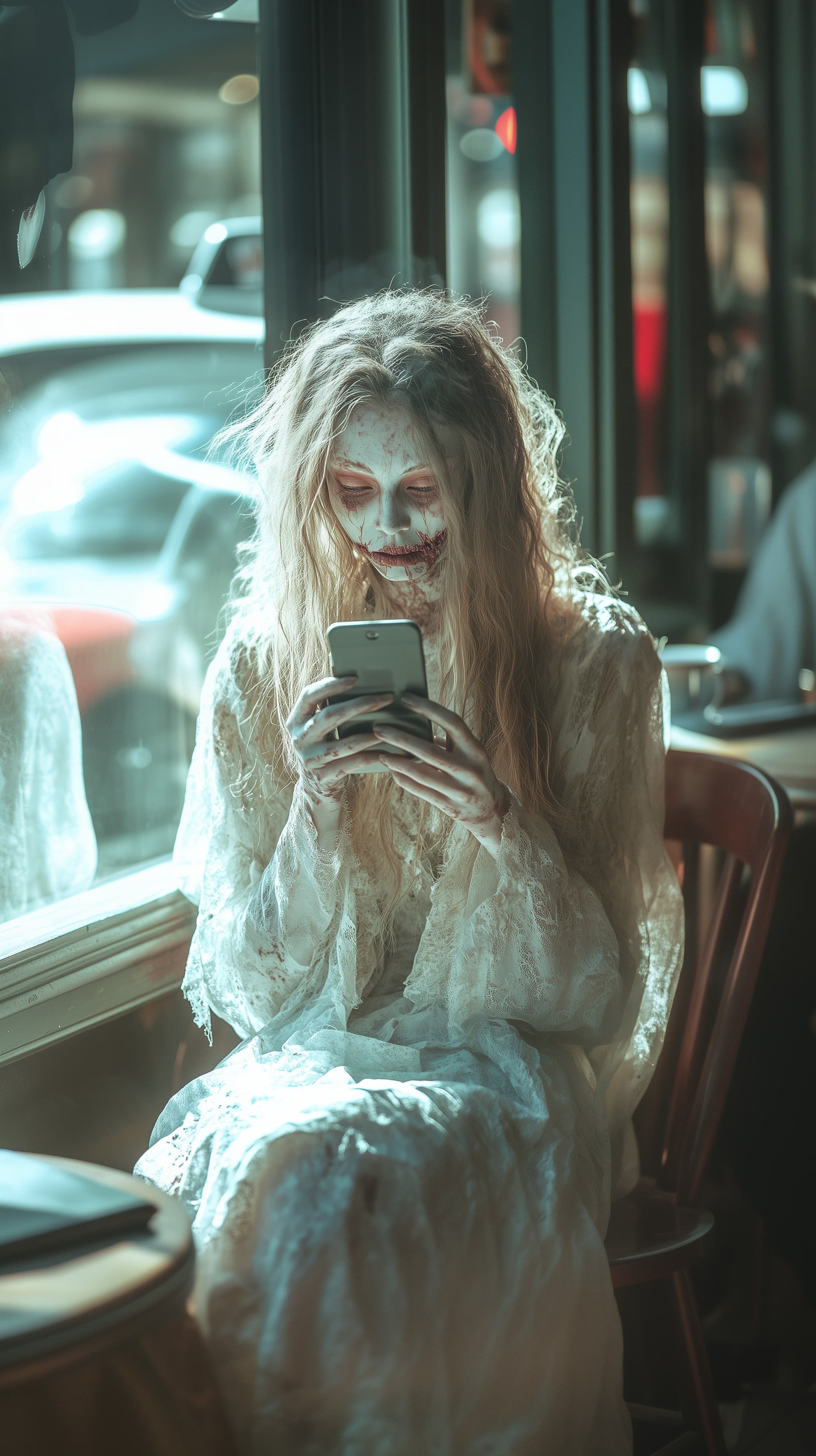 Haunting Portrait in Teal Light: Ghostly Woman with Phone - High Resolution eerie-atmosphere Wallpaper for Mobile and Desktop