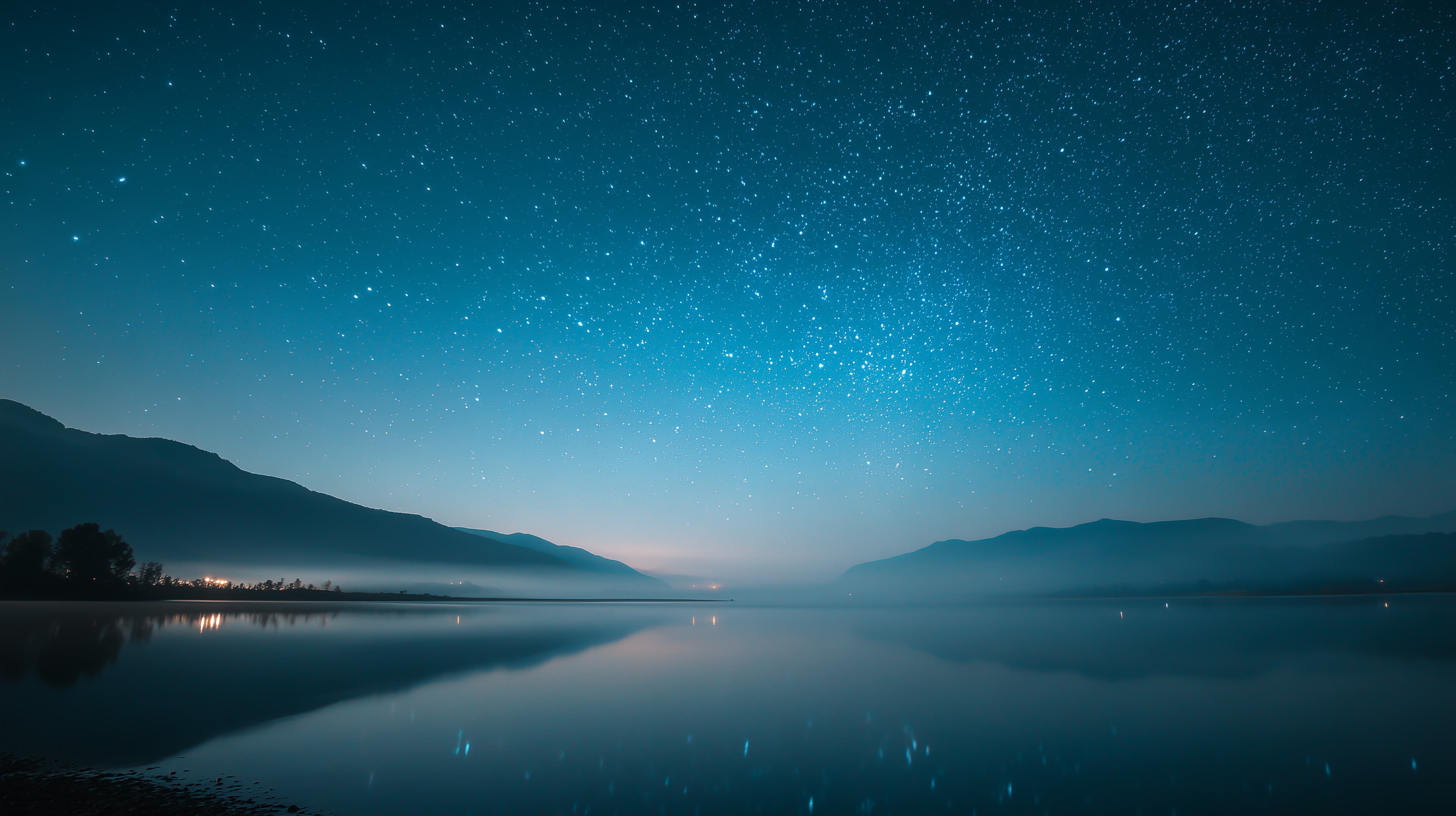 Starry Night Lake Landscape Wallpaper in Calm Blue Tones - High Resolution blue-tones Wallpaper for Mobile and Desktop