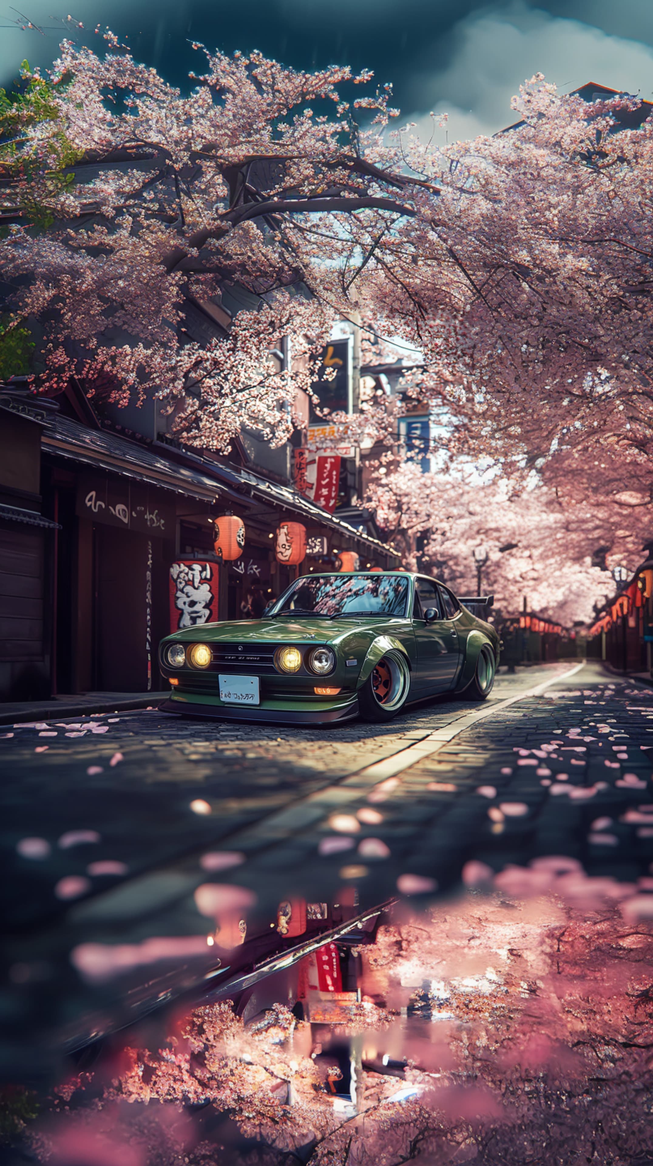 Classic Green Car on Sakura Street at Dusk with Blossoms - High Resolution vintage-vehicle Wallpaper for Mobile and Desktop