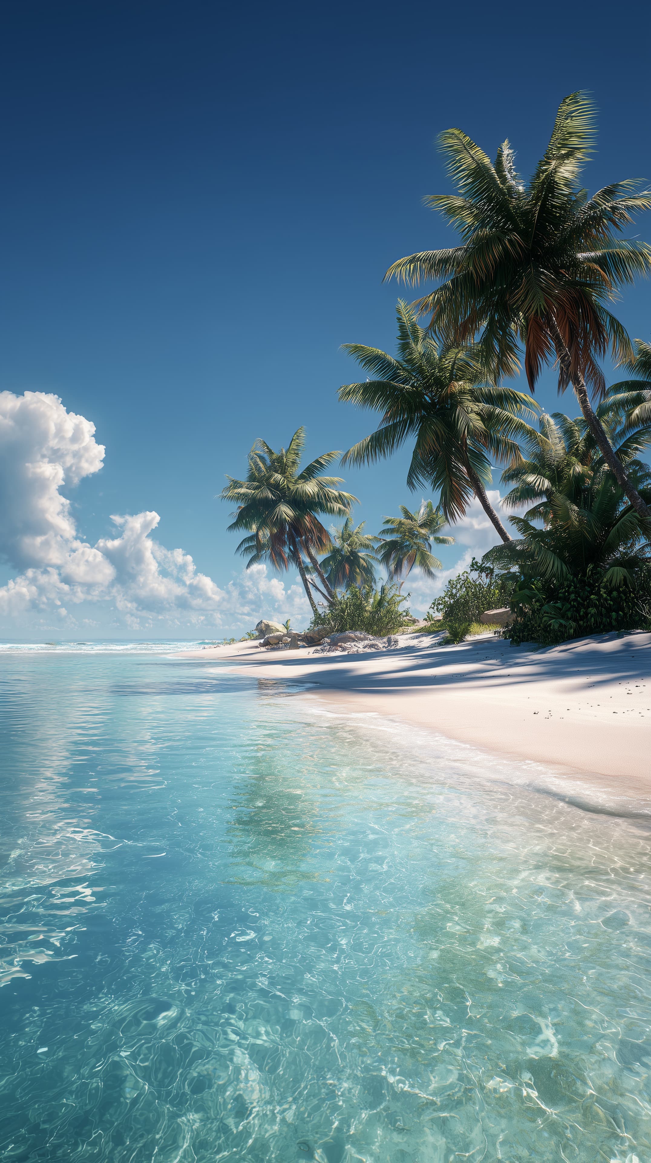 Tropical Beach Paradise: Clear Turquoise Water & Palm Trees - High Resolution beach Wallpaper for Mobile and Desktop