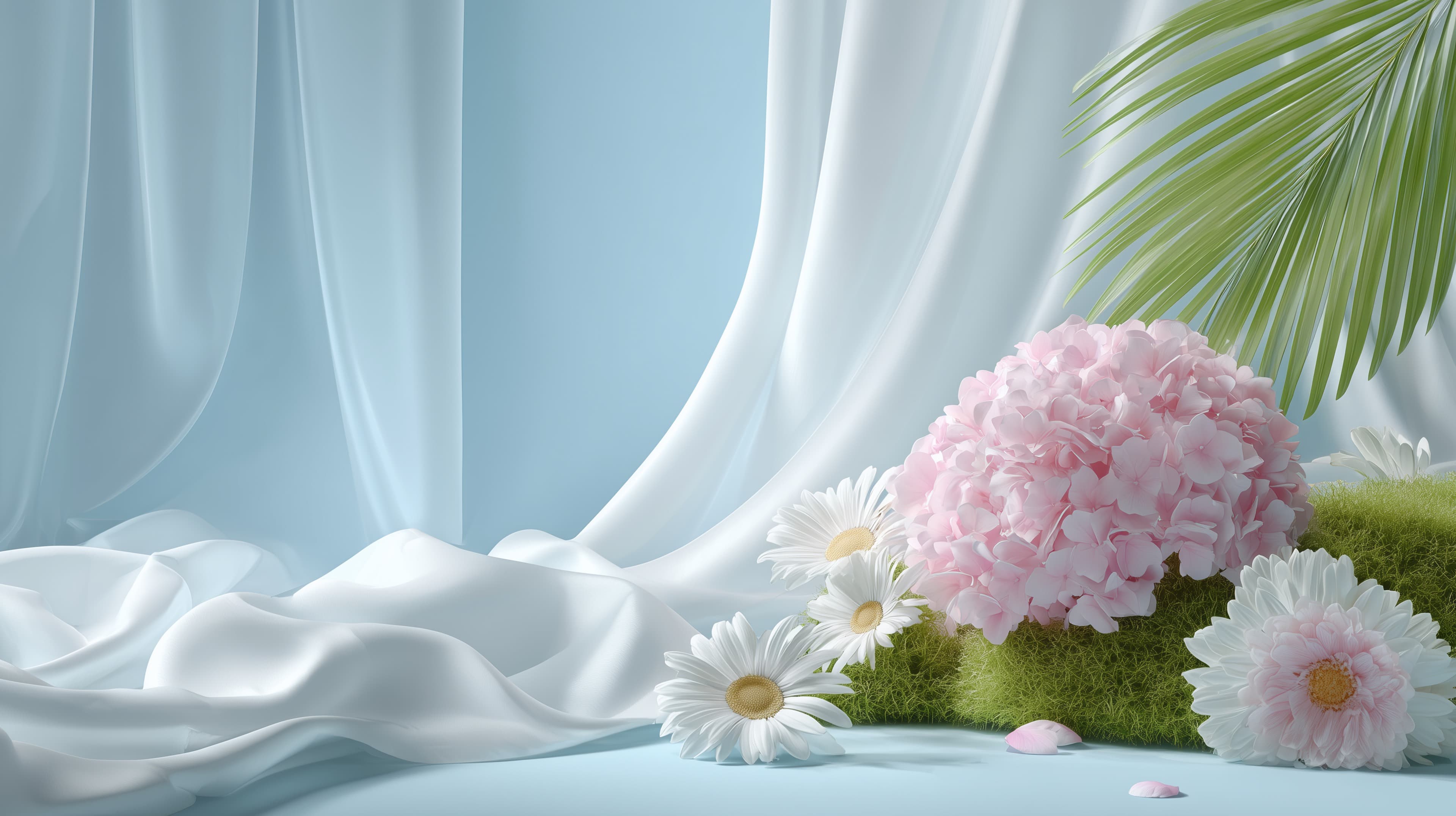 Pastel Floral Oasis with Draped Satin Backdrop and Greens - High Resolution pastel Wallpaper for Mobile and Desktop