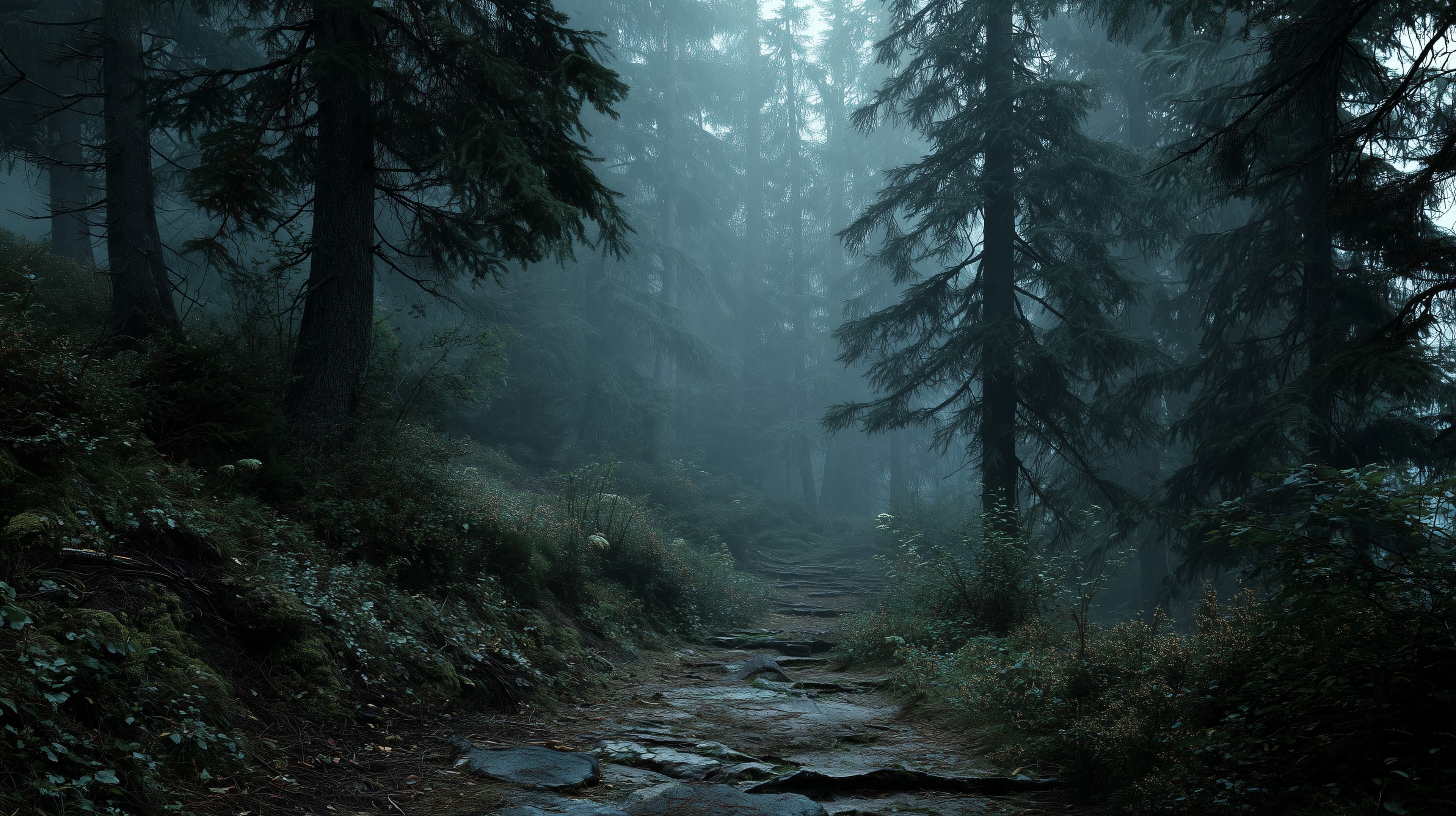 Misty Forest Path at Twilight - Serene Woodland Scene - High Resolution misty-forest Wallpaper for Mobile and Desktop