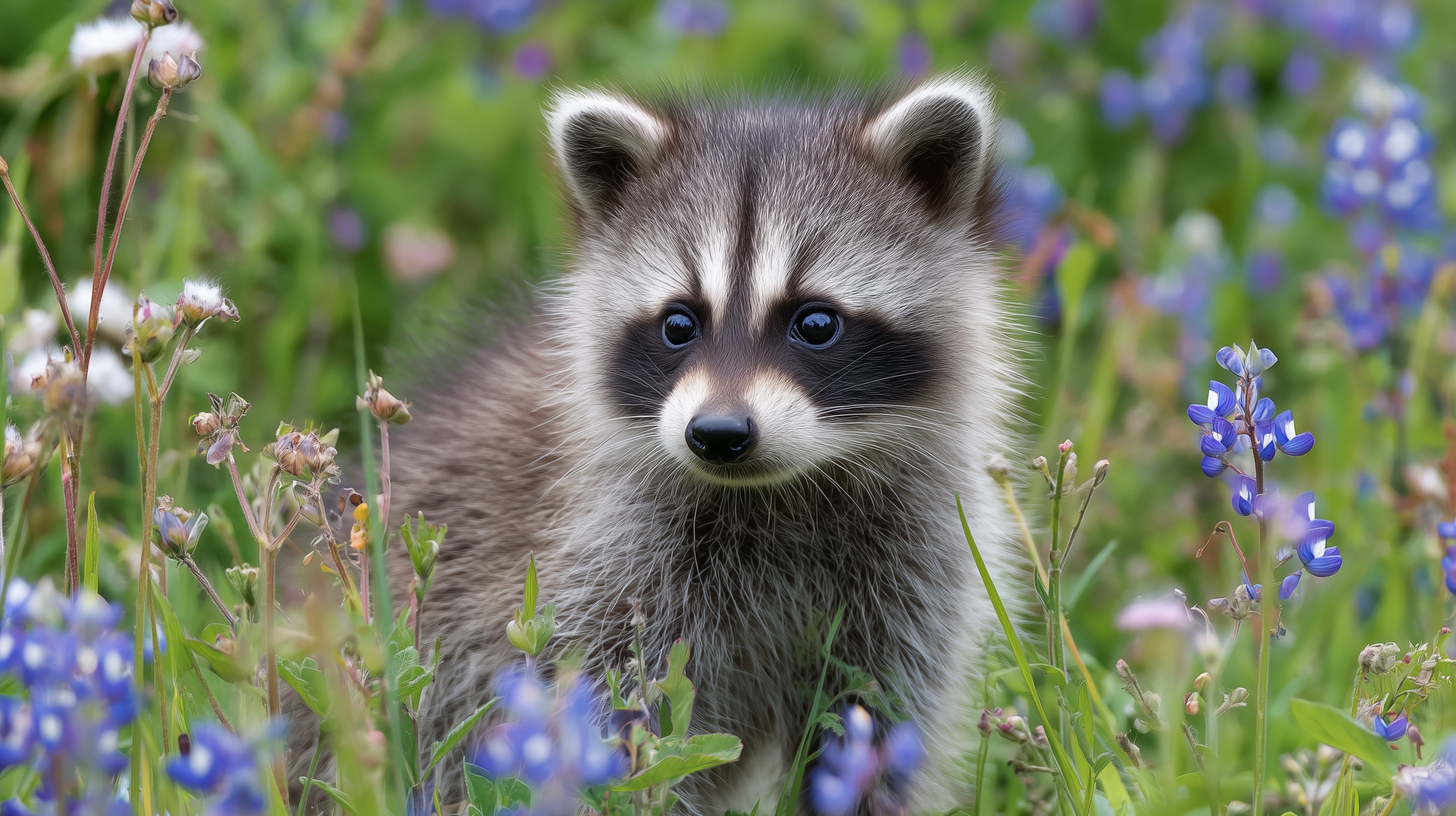 Adorable Raccoon Cub in a Meadow of Purple Wildflowers - High Resolution cub Wallpaper for Mobile and Desktop