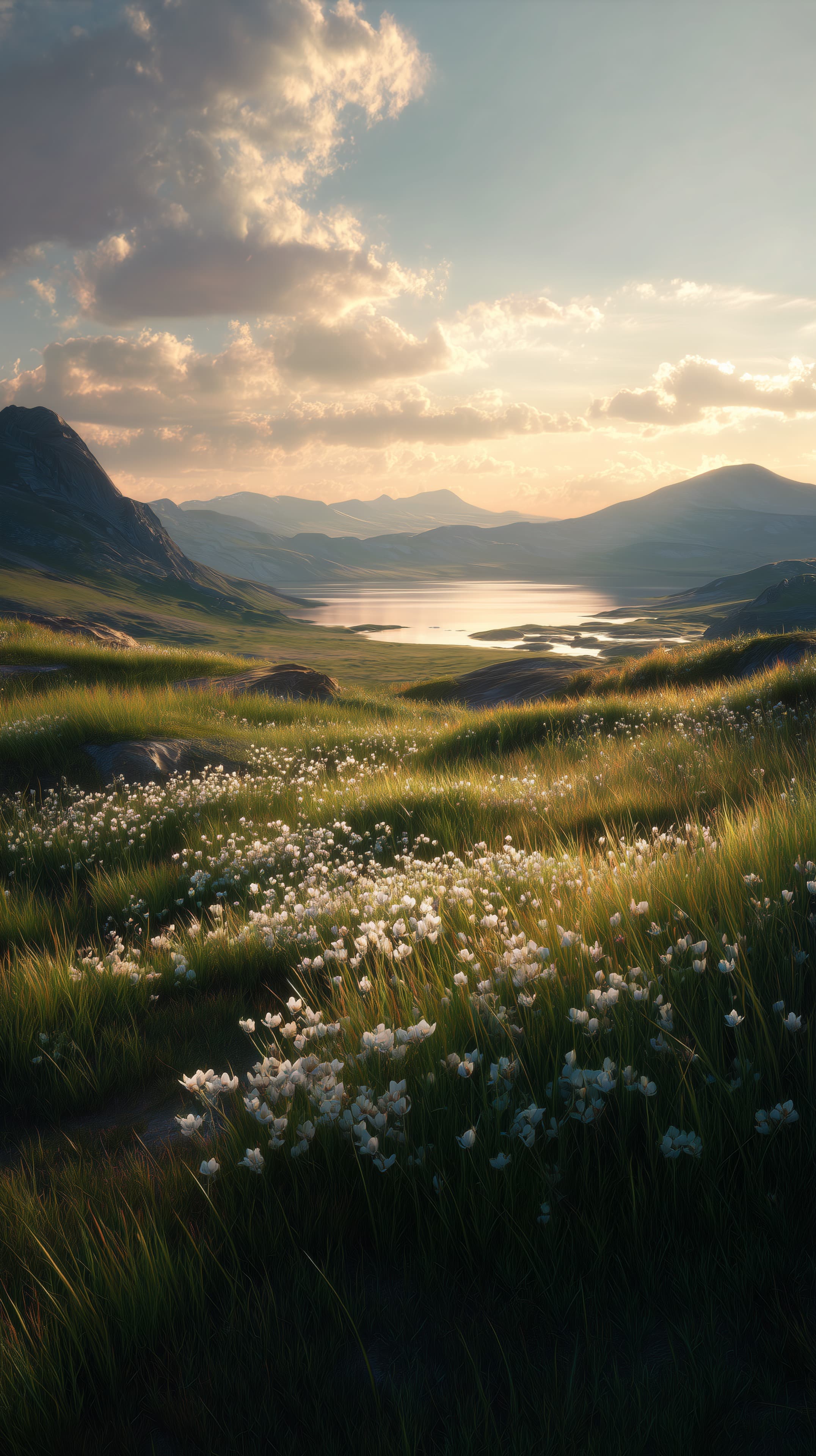 Serene Mountain Lake Sunset Landscape Wallpaper for Calm Interiors - High Resolution alpine Wallpaper for Mobile and Desktop