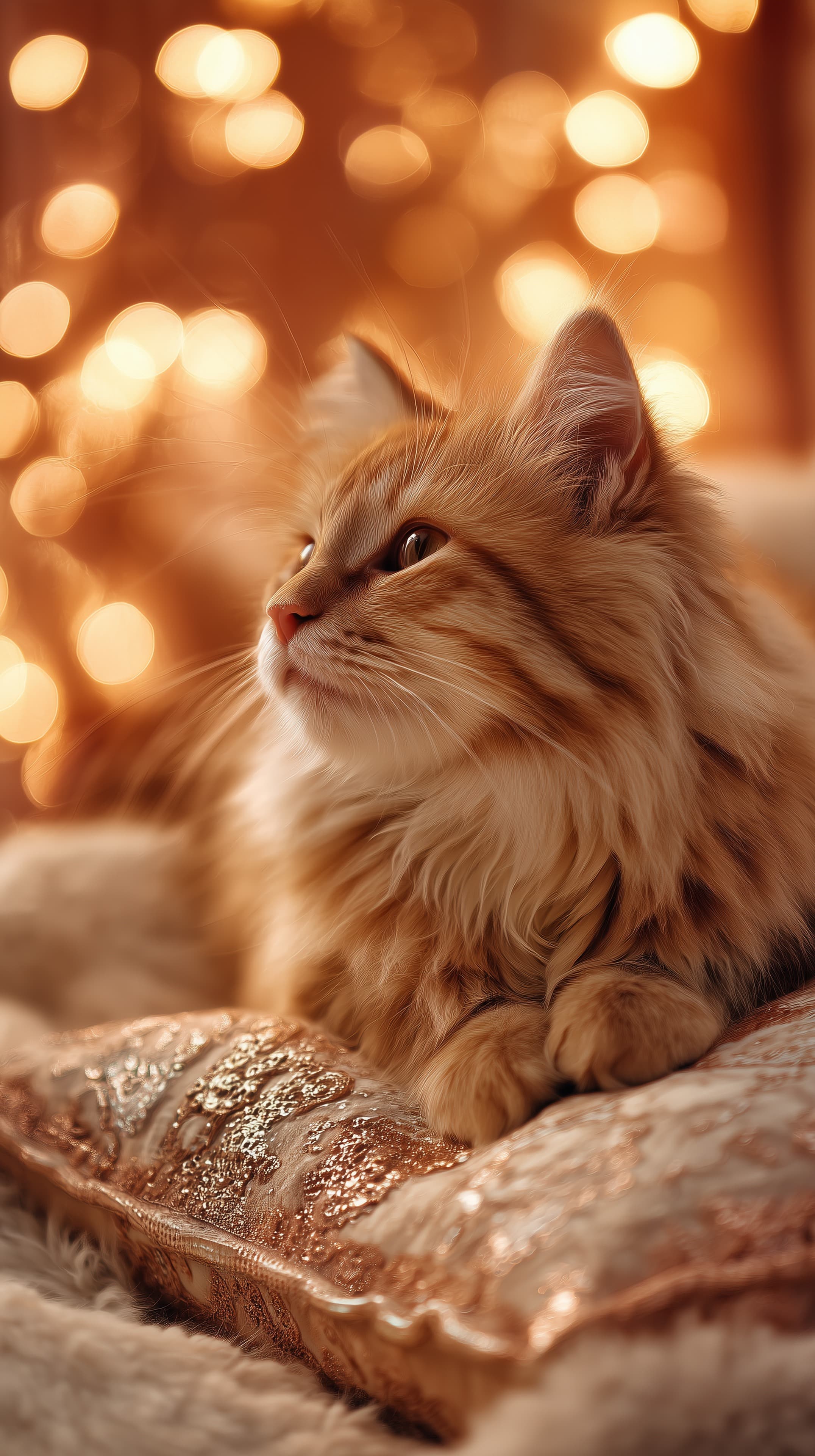 Warm Cat Portrait with Golden Bokeh Lights — Cozy Wallpaper - High Resolution animal-background Wallpaper for Mobile and Desktop