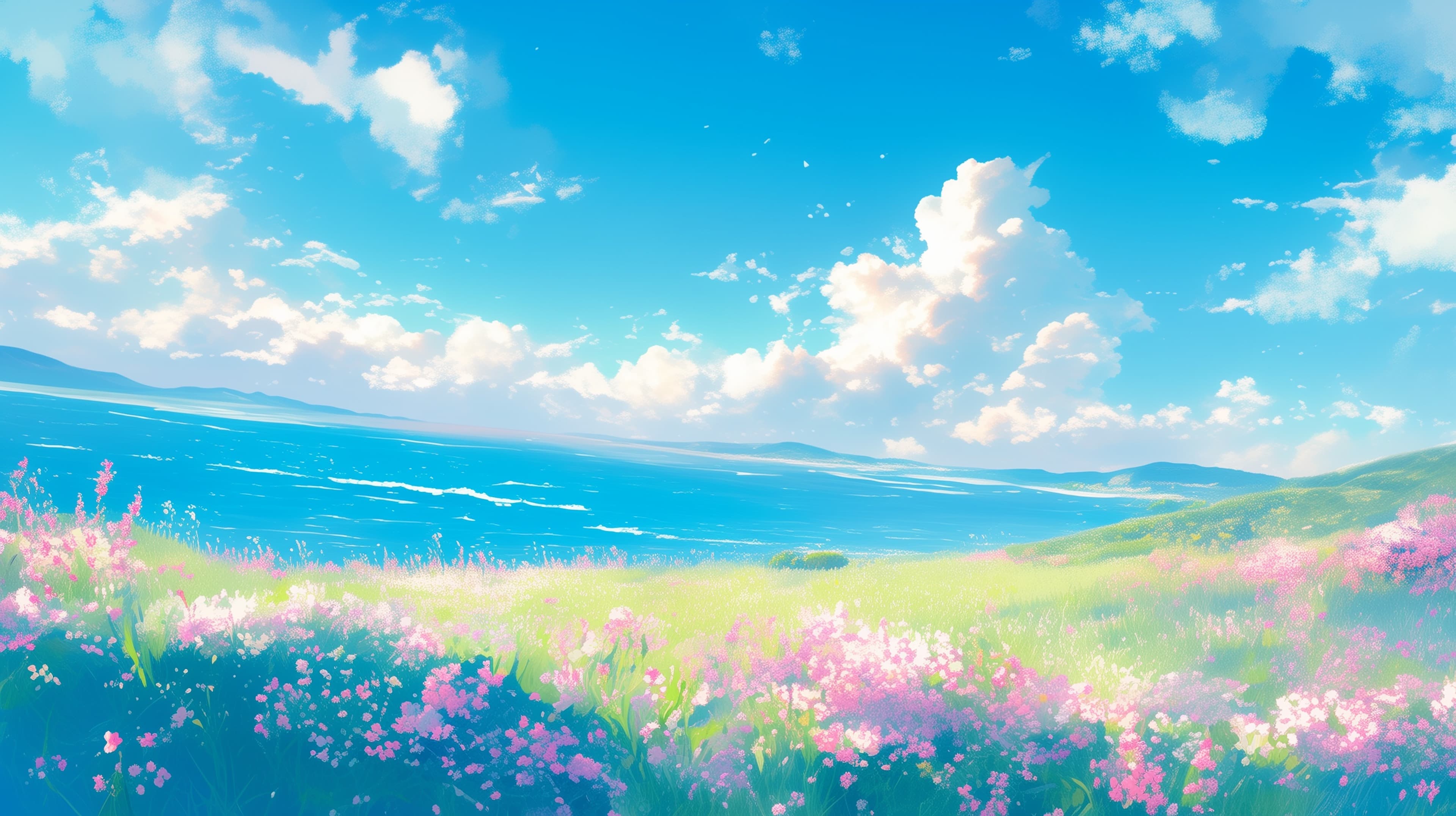 Bright Coastal Meadow Wallpaper with Blue Sky and Flowers - High Resolution blue-sky Wallpaper for Mobile and Desktop