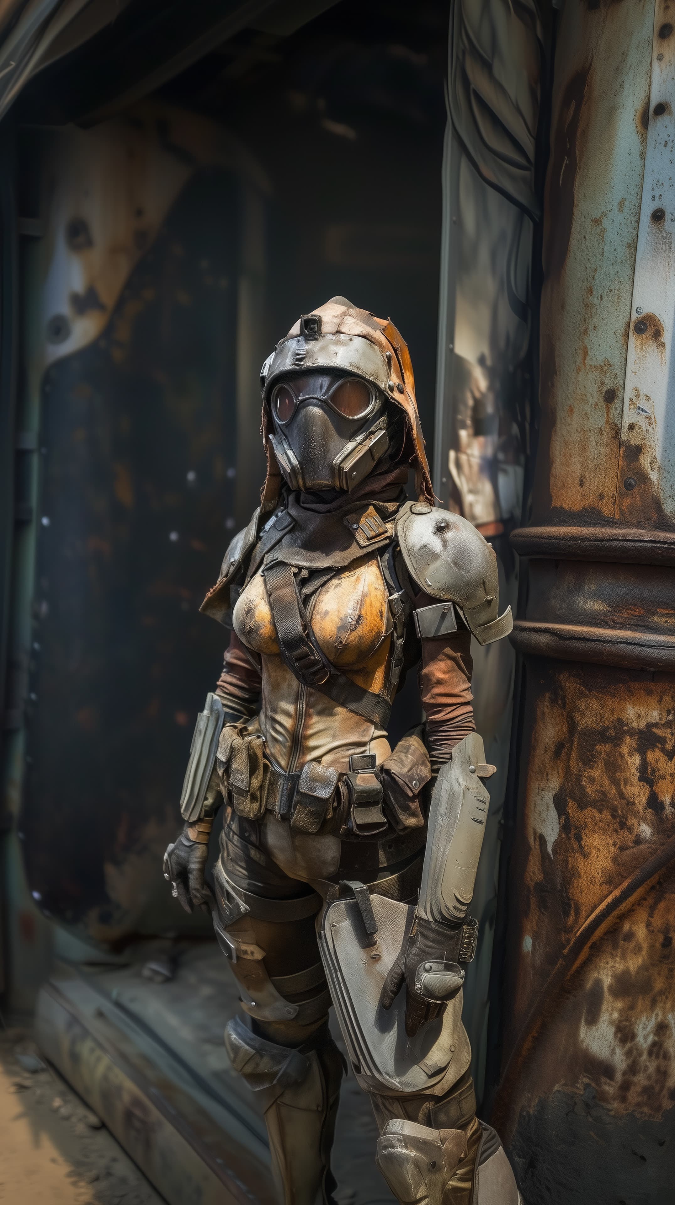 Post-apocalyptic armored warrior in a rusted industrial setting - High Resolution armor Wallpaper for Mobile and Desktop