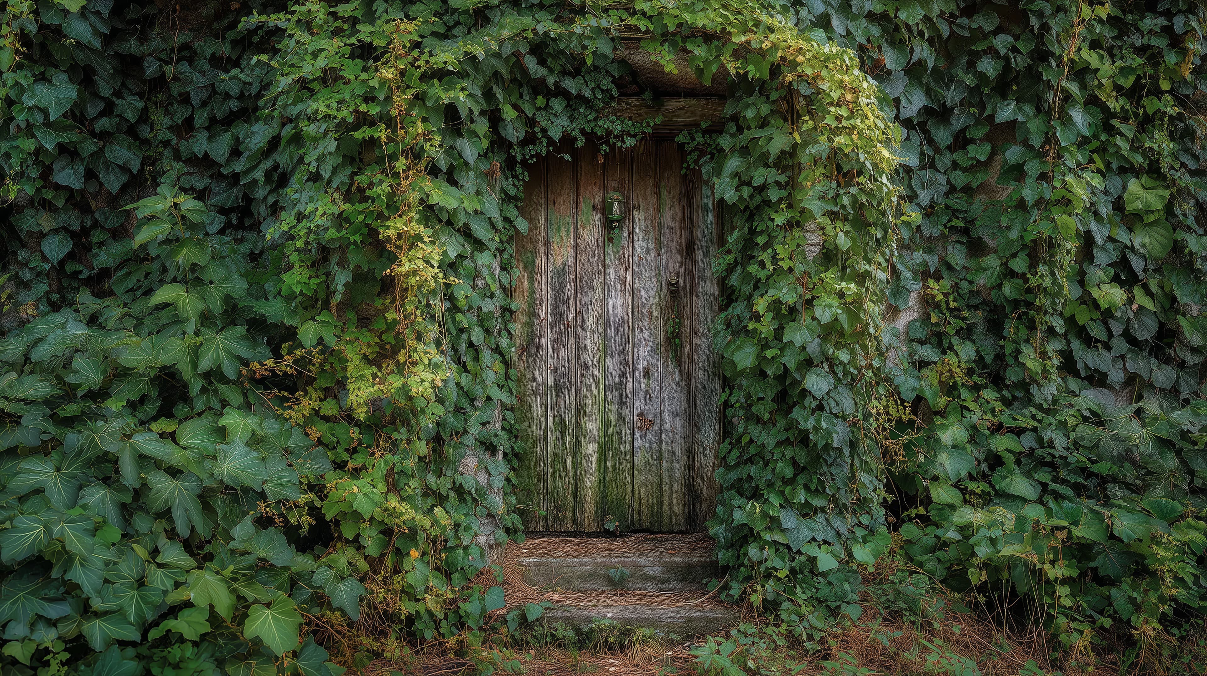 Hidden ivy-clad door emerging from a lush green wall - High Resolution ivy Wallpaper for Mobile and Desktop