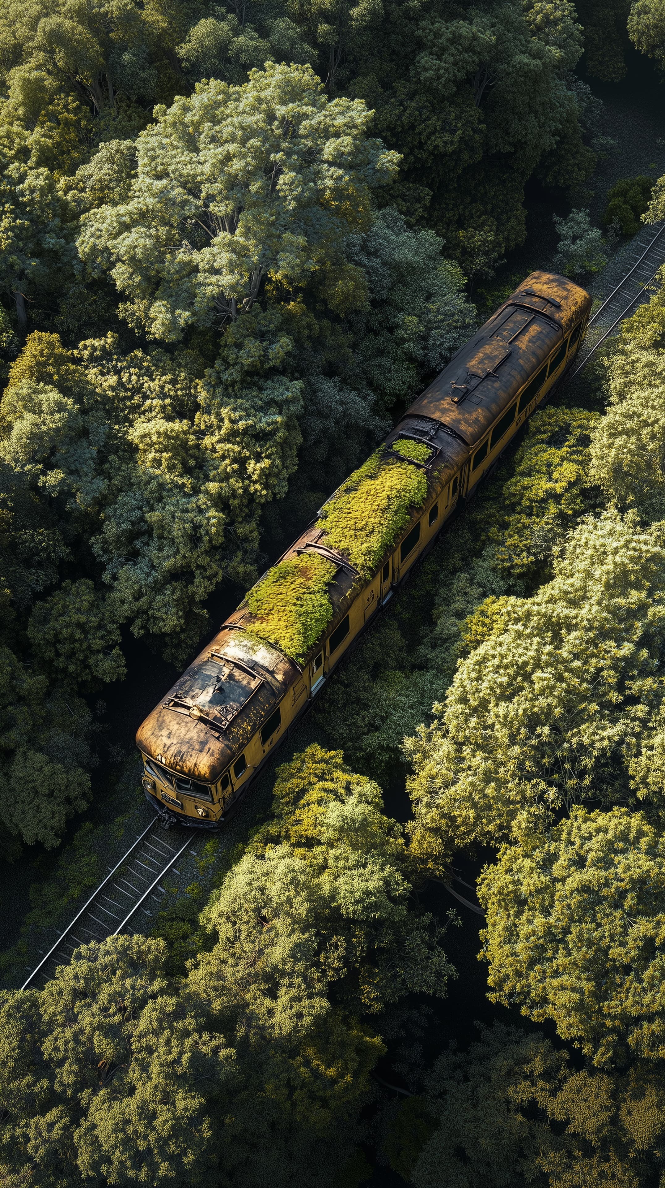 Overgrown Train in Dense Forest — Aerial Jungle Rail Scene - High Resolution abandoned Wallpaper for Mobile and Desktop