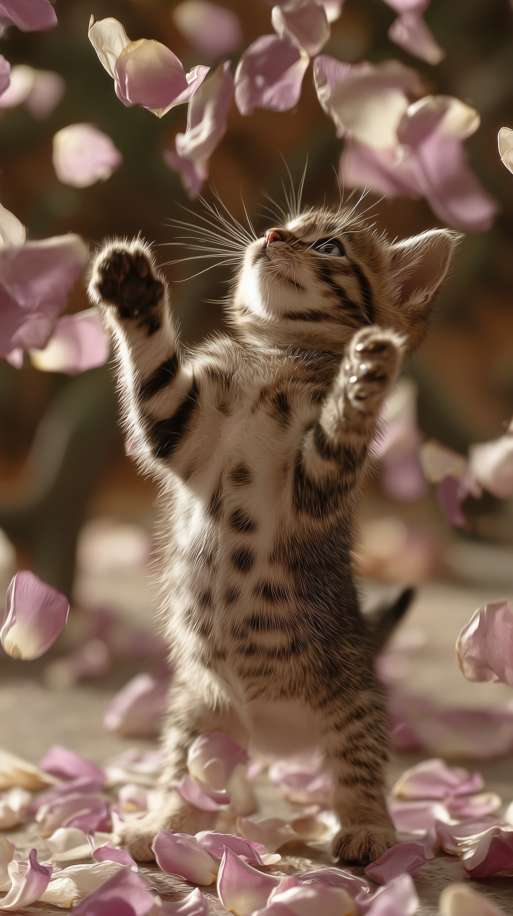 Adorable Kitten Reaching for Petals in Soft Sunset Light - High Resolution bokeh Wallpaper for Mobile and Desktop