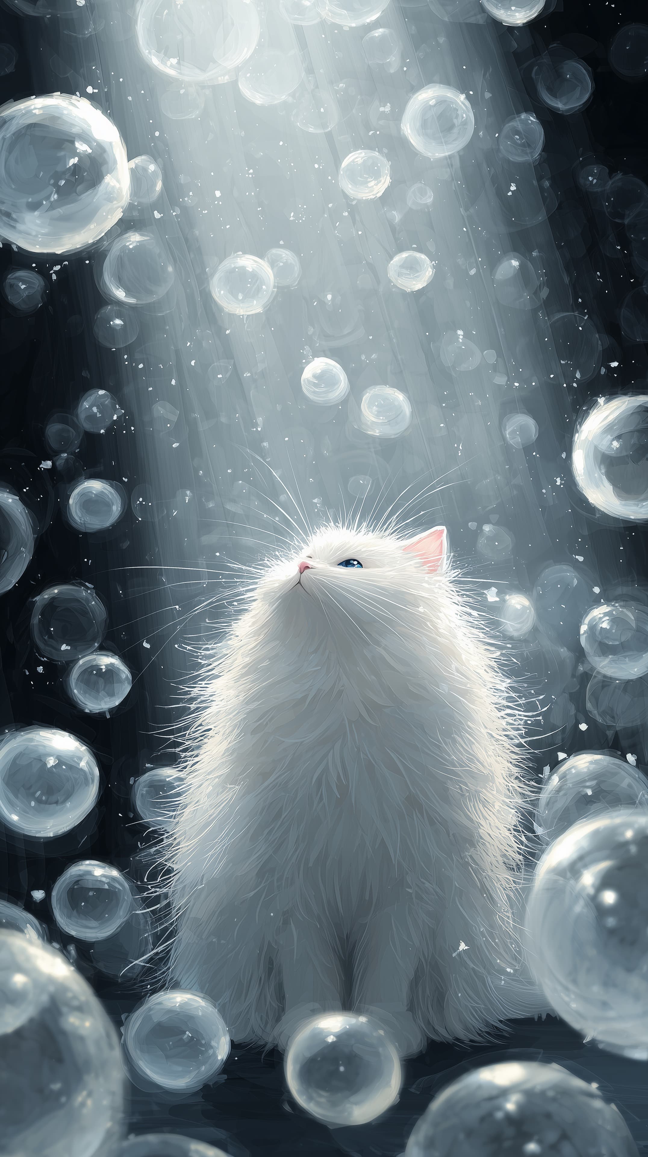 Whimsical White Cat Under Soft Light and Bubbles Dreamy - High Resolution bubbles Wallpaper for Mobile and Desktop