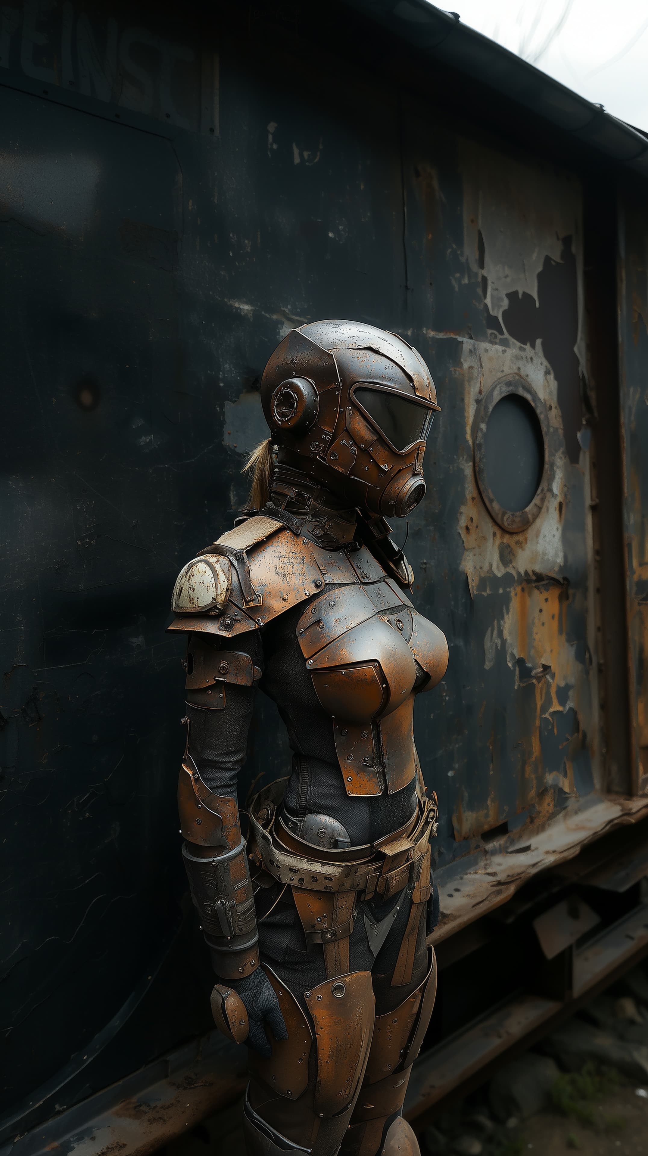 Bronze Armored Suit Amid Rusty Train Car in Post-Apocalyptic Scene - High Resolution armor Wallpaper for Mobile and Desktop