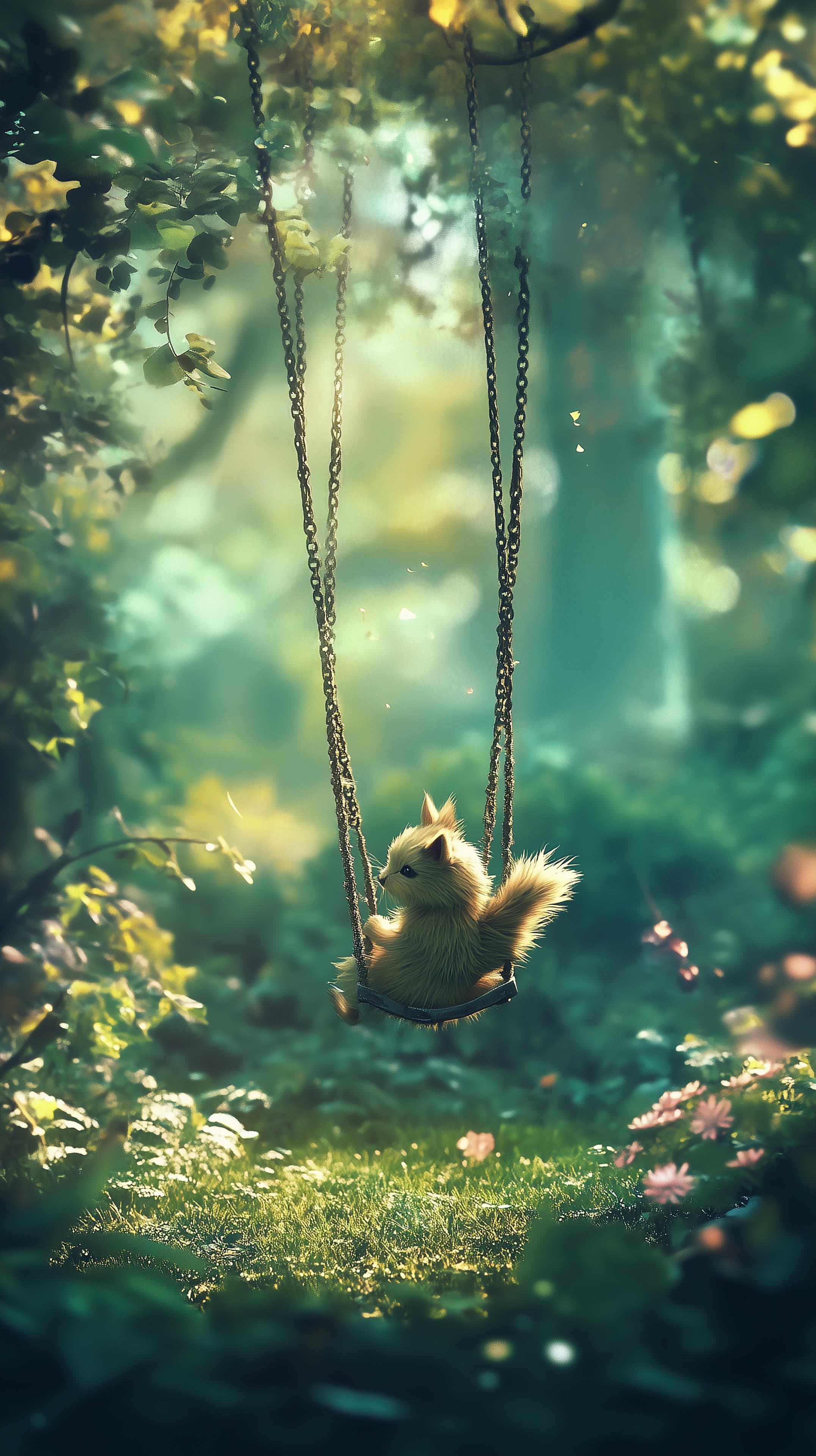Dreamy Forest Swing: Playful Squirrel Beneath Sunlit Greens - High Resolution bokeh Wallpaper for Mobile and Desktop