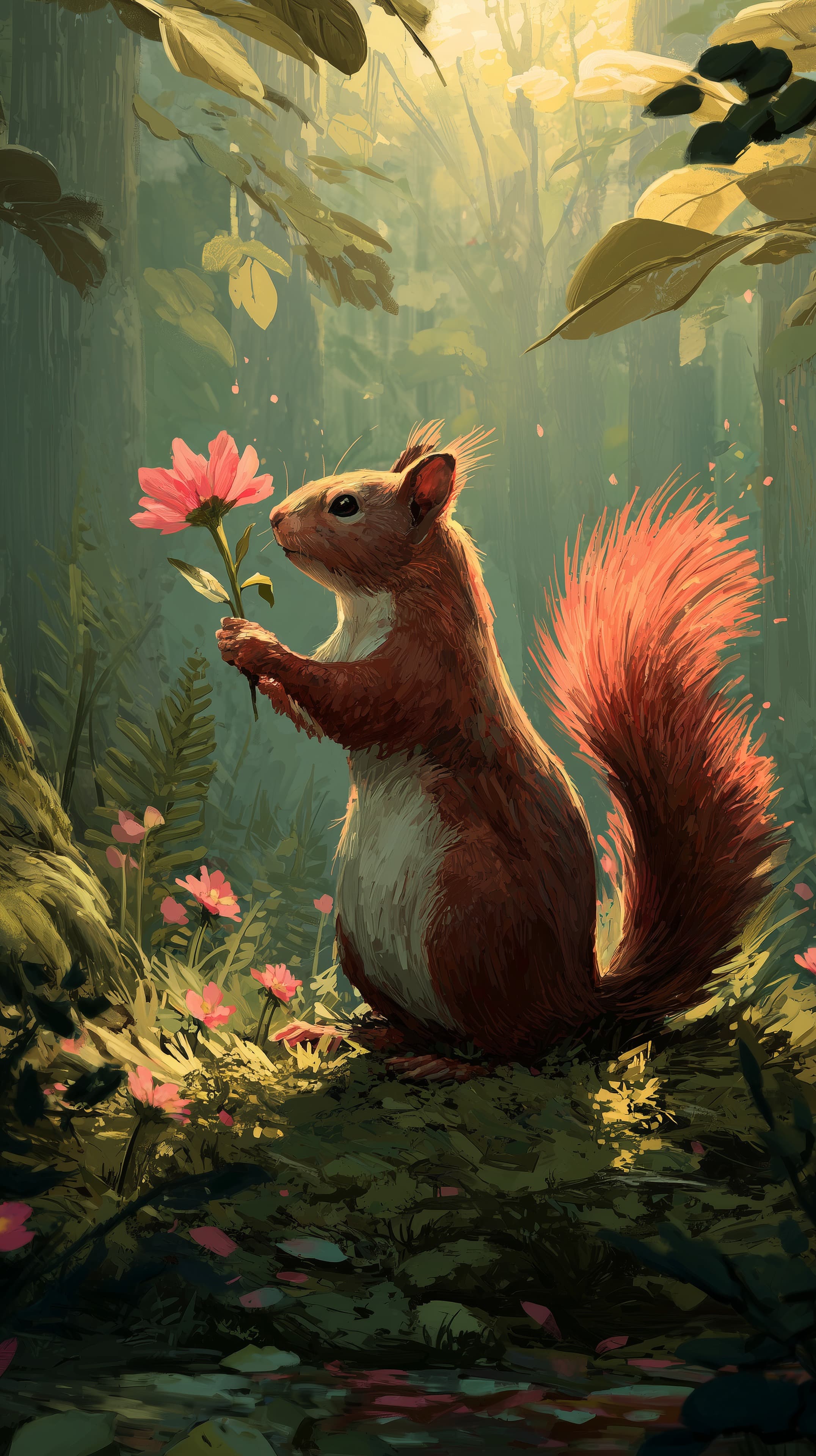 Whimsical Forest Squirrel with Flower in Sunlit Meadow - High Resolution digital-art Wallpaper for Mobile and Desktop