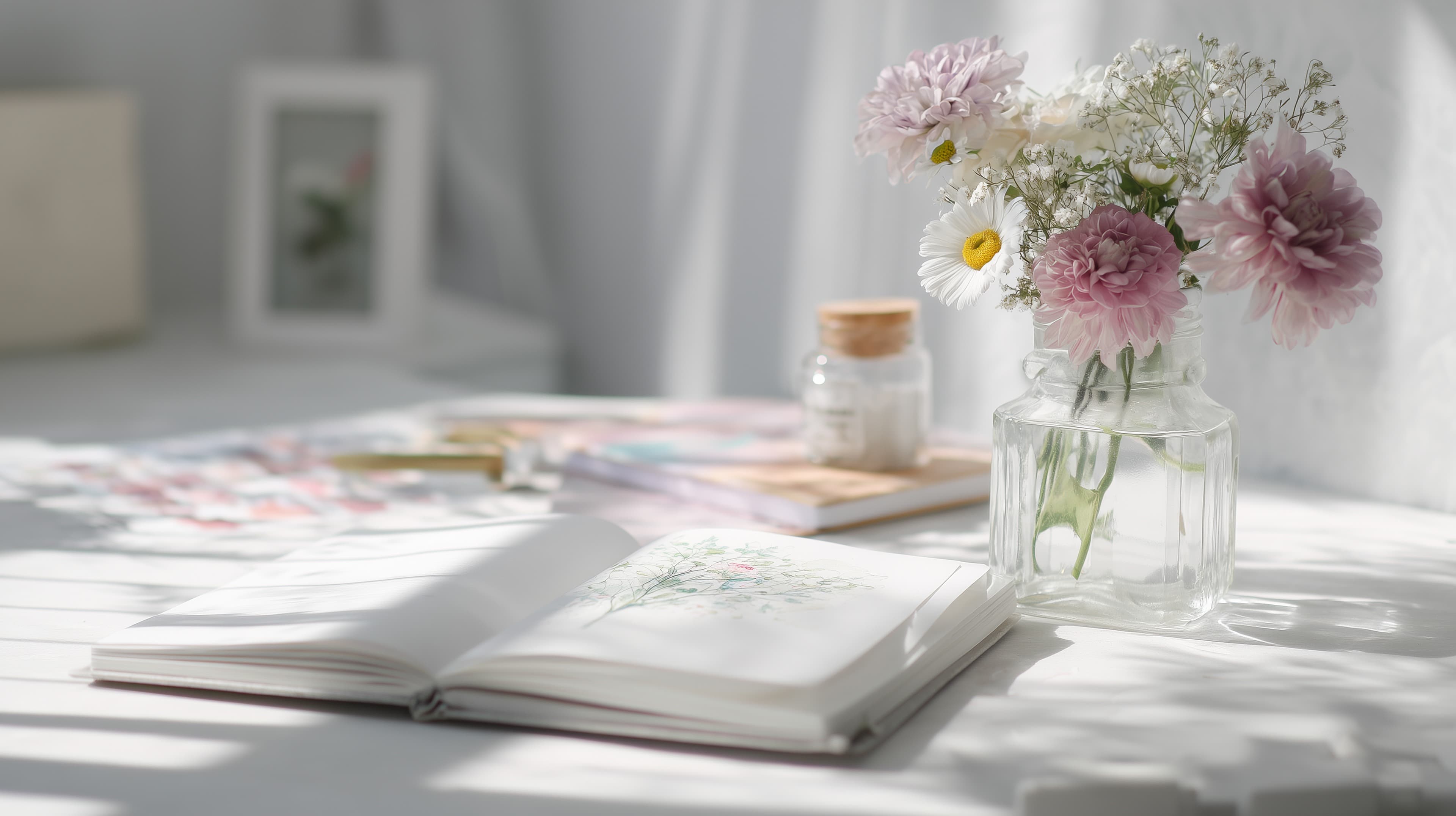 Soft Floral Desk Scene Wallpaper with Morning Glow - High Resolution flowers Wallpaper for Mobile and Desktop