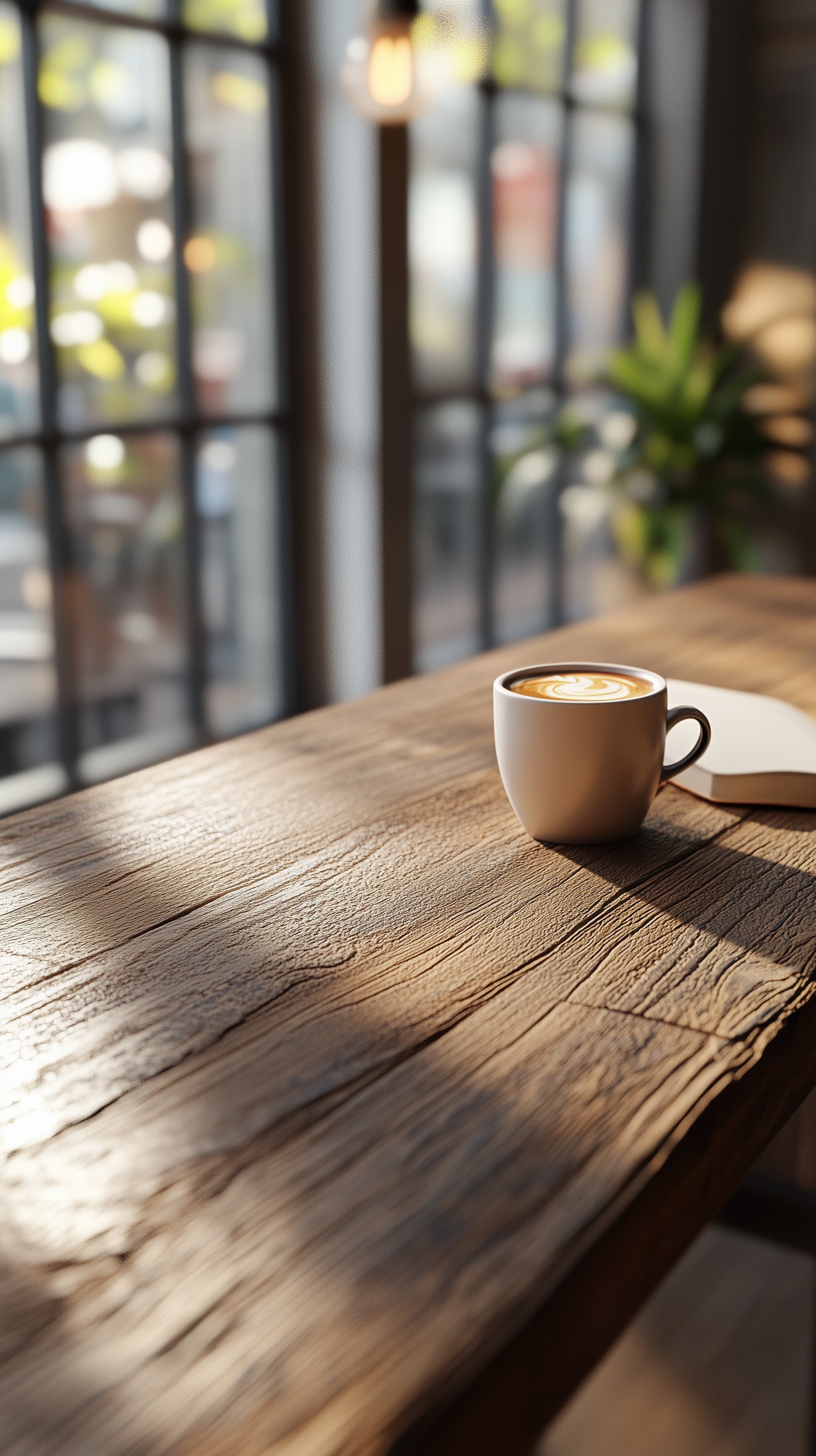 Cozy Coffee Shop Scene with Latte on Rustic Wooden Table - High Resolution cozy-cafe Wallpaper for Mobile and Desktop