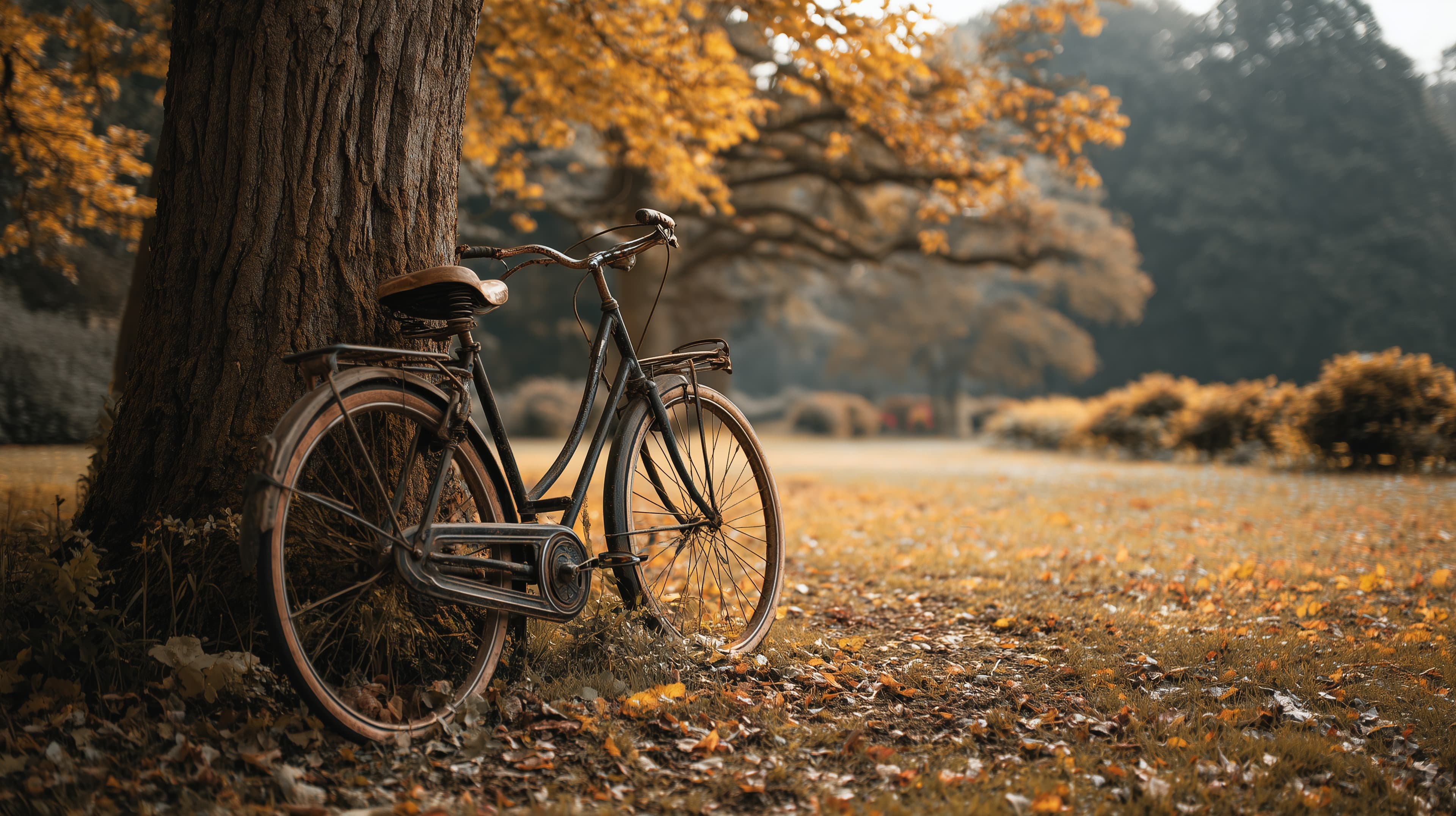 Autumn Park Scene with Vintage Bicycle Leaning by Tree - High Resolution autumn-park Wallpaper for Mobile and Desktop
