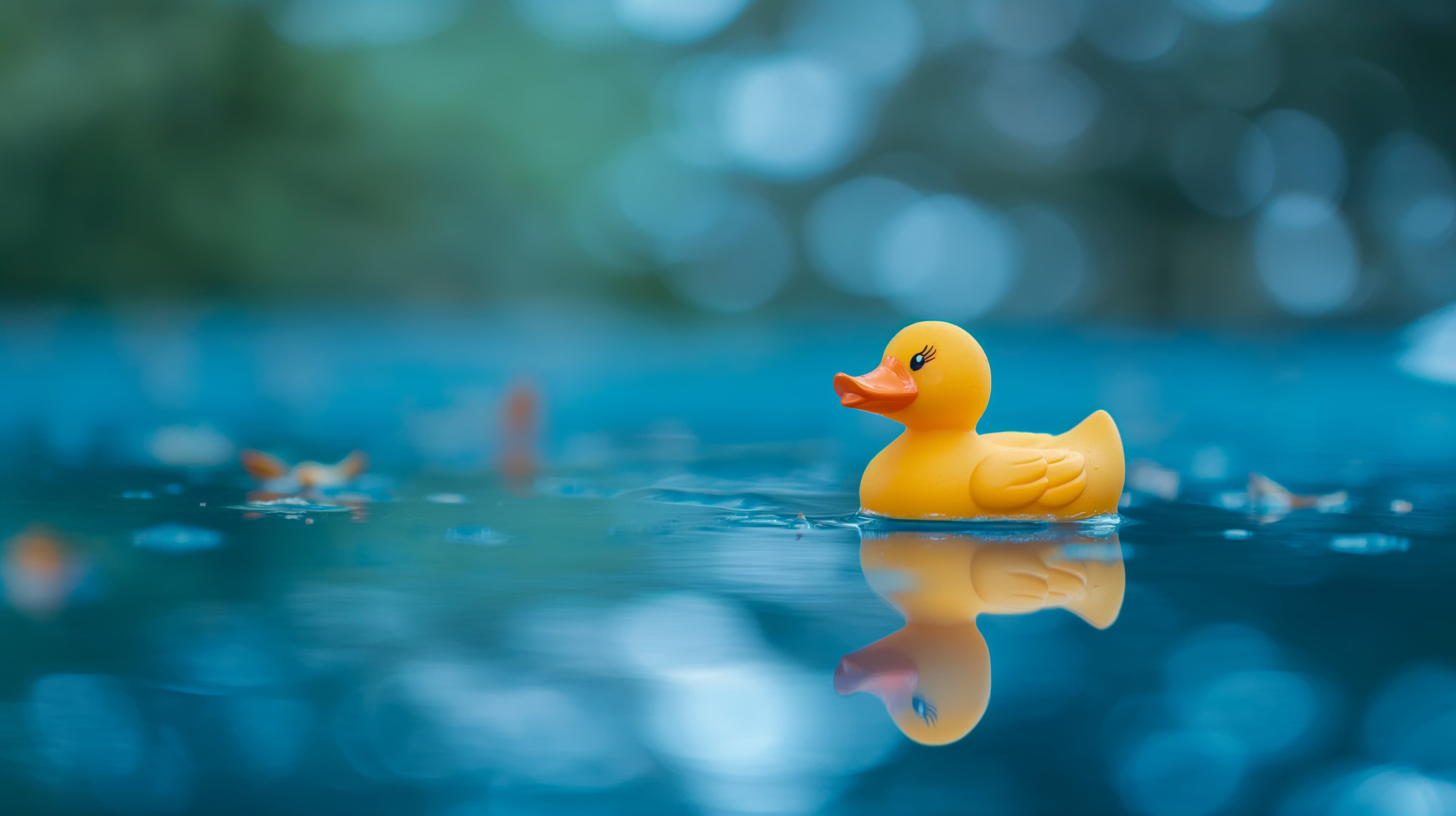 Sunny Rubber Duck Floating on Calm Blue Water - Serene Wallpaper - High Resolution blue Wallpaper for Mobile and Desktop