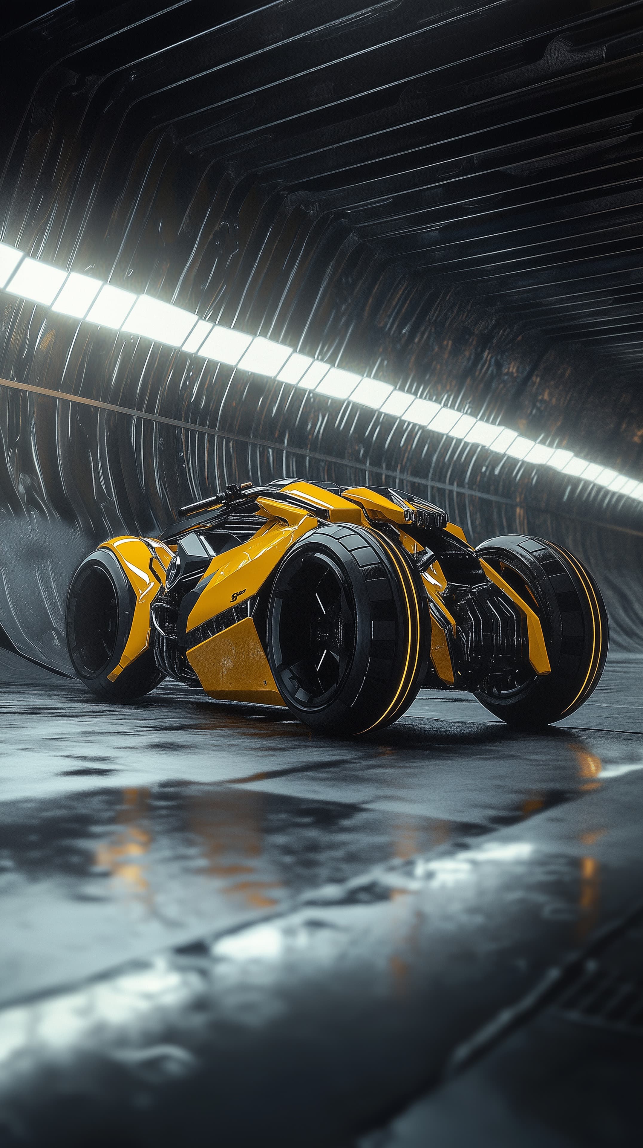 Futuristic Yellow Concept Car in Neon Tunnel Wallpaper - High Resolution futuristic-car Wallpaper for Mobile and Desktop