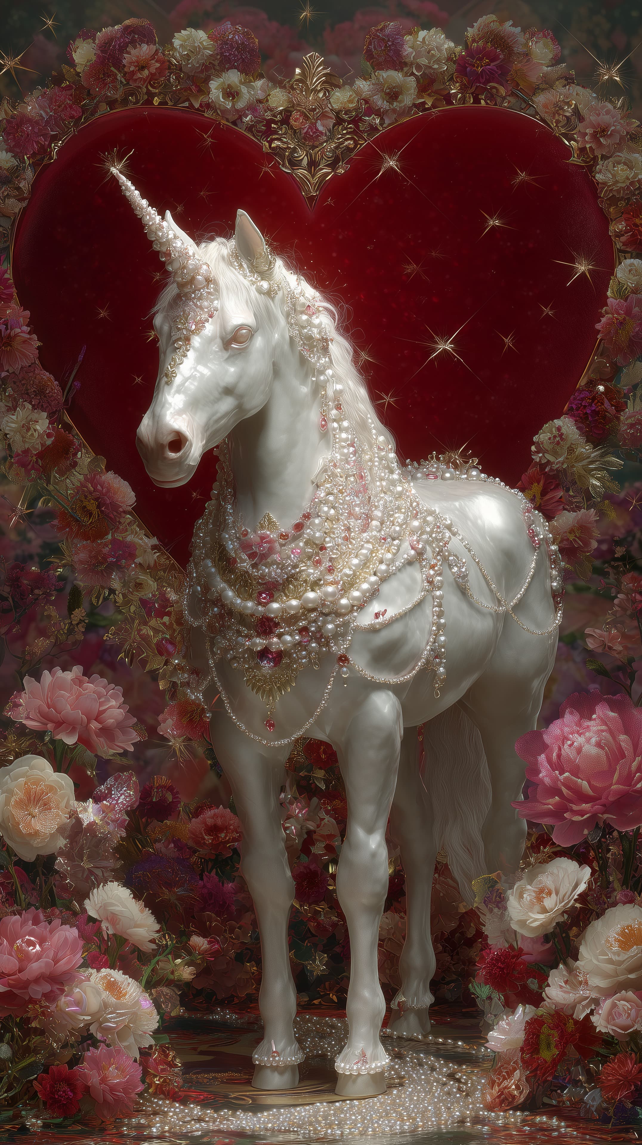 Jeweled Unicorn in a Floral Dream Among Velvet Heart - High Resolution crystals Wallpaper for Mobile and Desktop