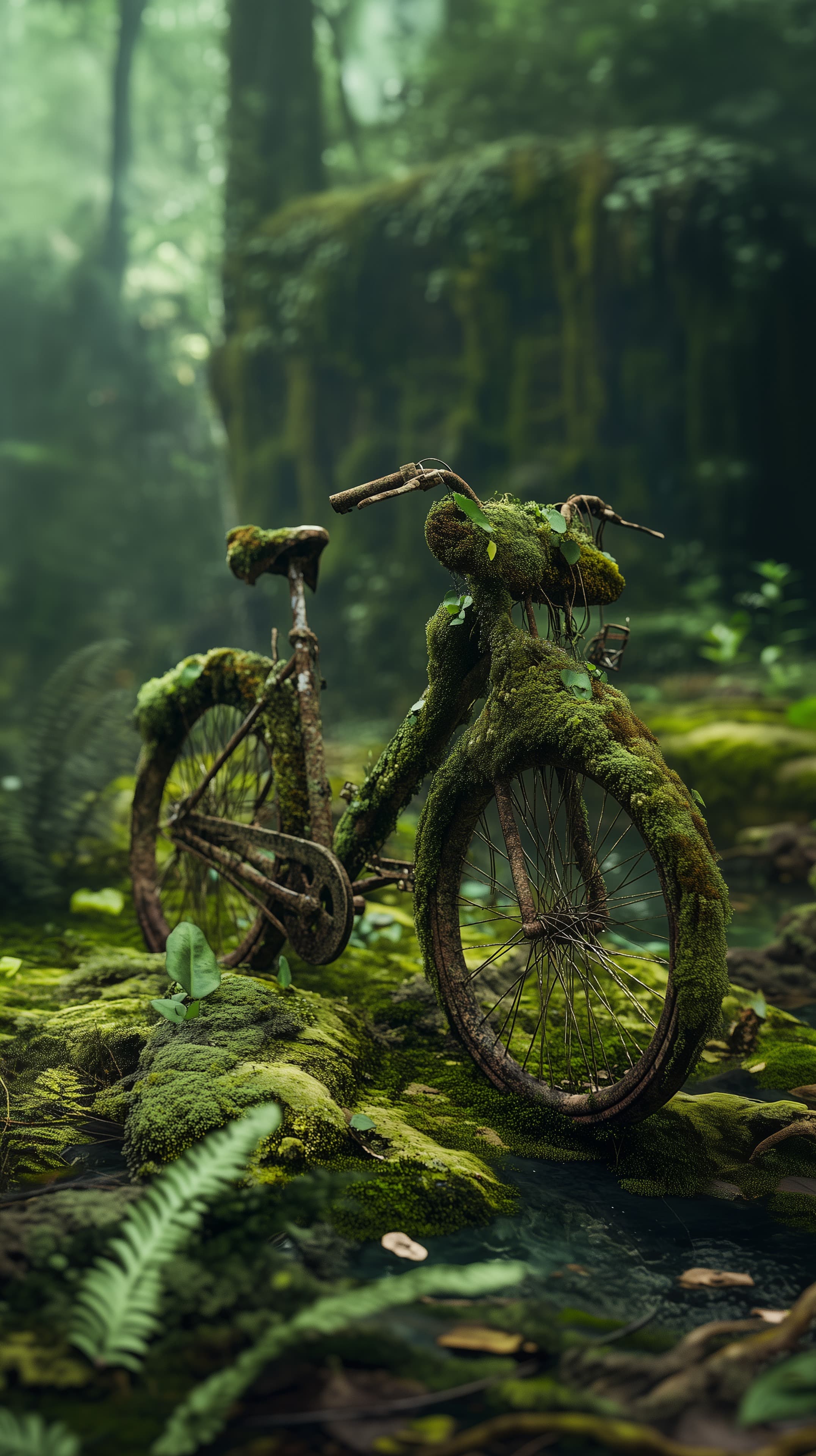 Moss-Covered Bicycle in Enchanted Forest Wallpaper - High Resolution bicycle Wallpaper for Mobile and Desktop