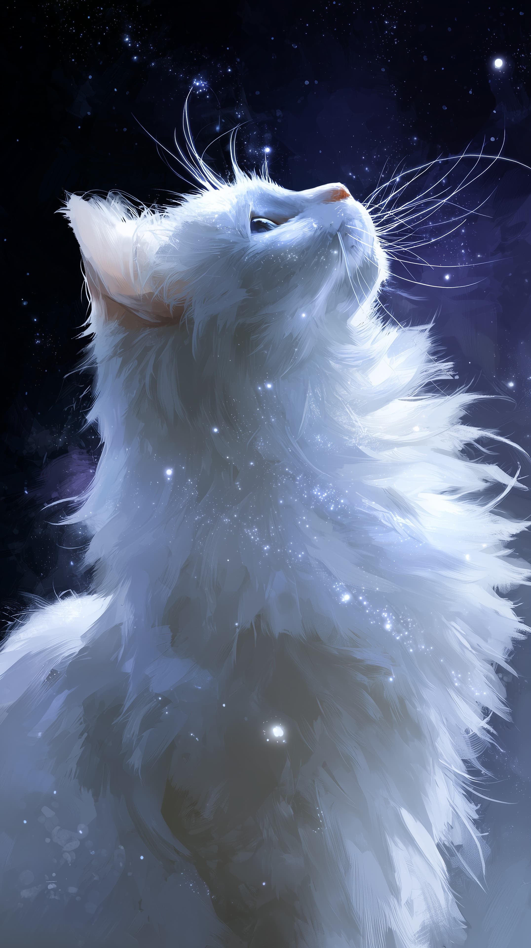Dreamy White Cat Under Starry Night Sky - Cosmic Fur Wallpaper - High Resolution celestial-glow Wallpaper for Mobile and Desktop