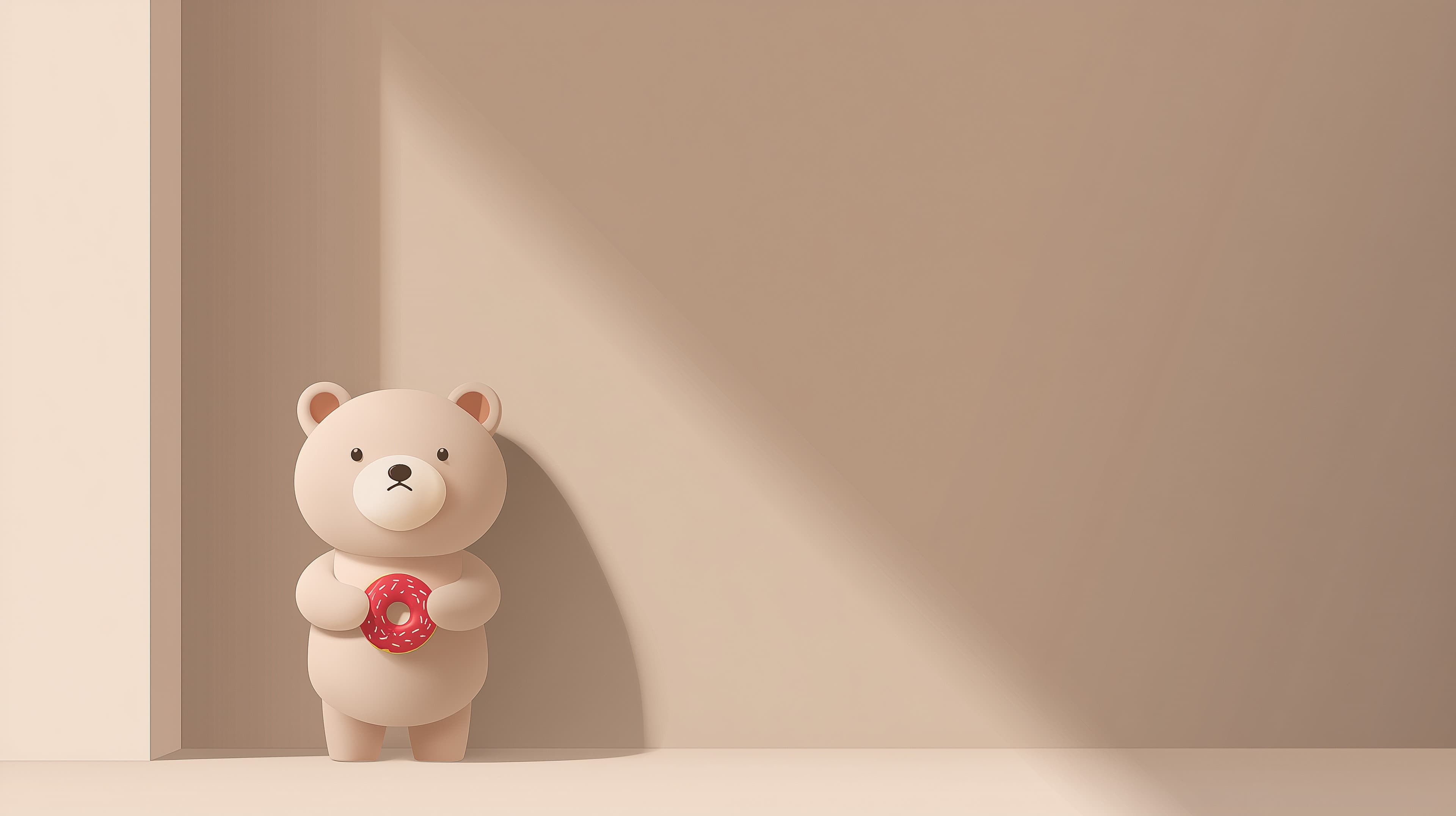 Cozy 3D teddy bear with donut in a soft pastel room - High Resolution 3d-art Wallpaper for Mobile and Desktop