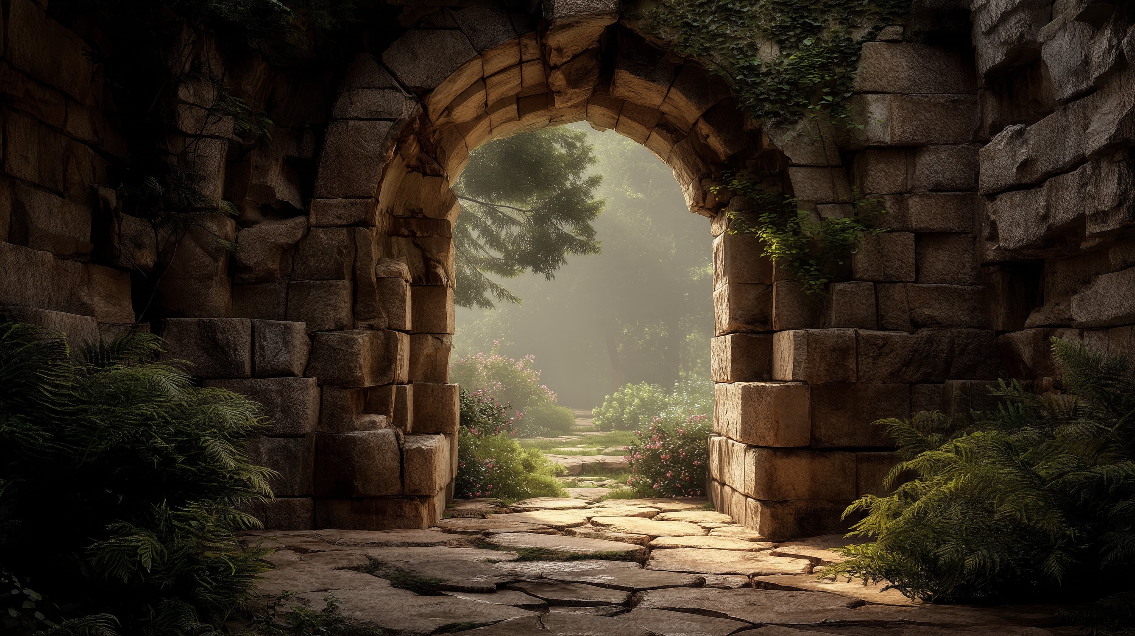 Tranquil Stone Archway in Overgrown Garden Ruins at Dawn - High Resolution stone-archway Wallpaper for Mobile and Desktop