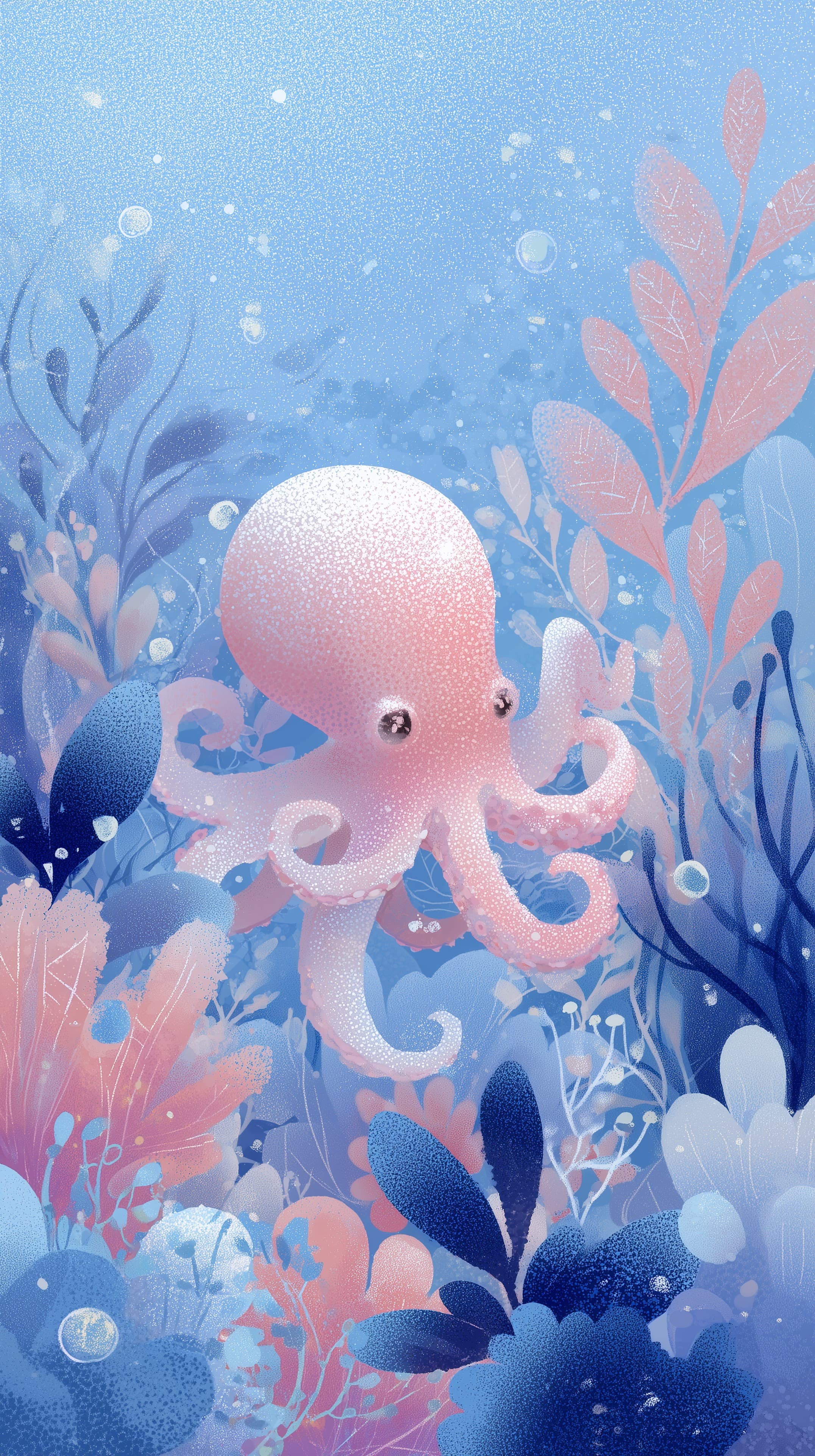 Pastel Underwater Scene: Pink Octopus Among Coral Garden - High Resolution blue-coral-decor Wallpaper for Mobile and Desktop