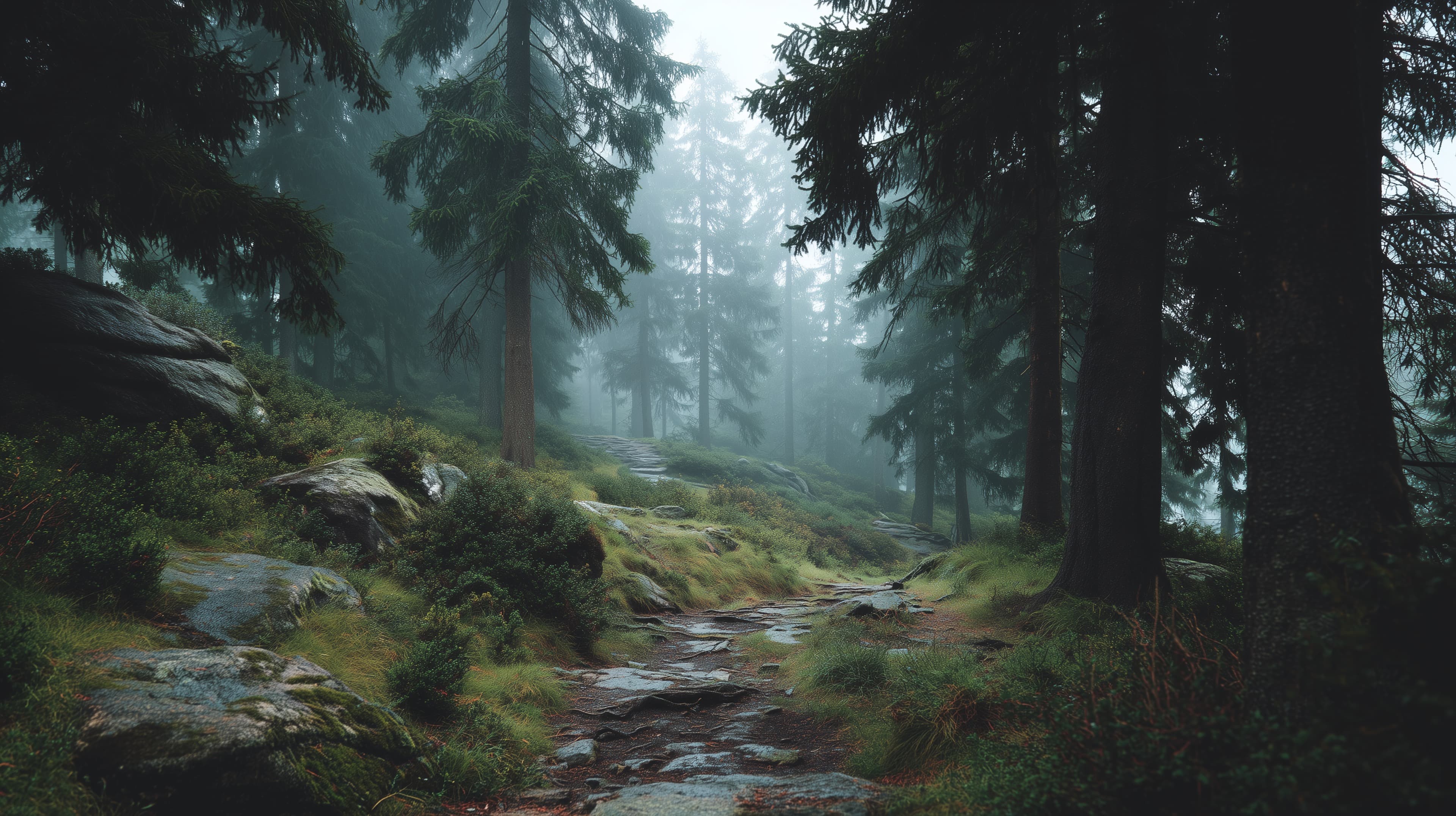 Misty Forest Trail in Quiet Mountain Woods - Moody Natural Landscape - High Resolution misty-forest Wallpaper for Mobile and Desktop