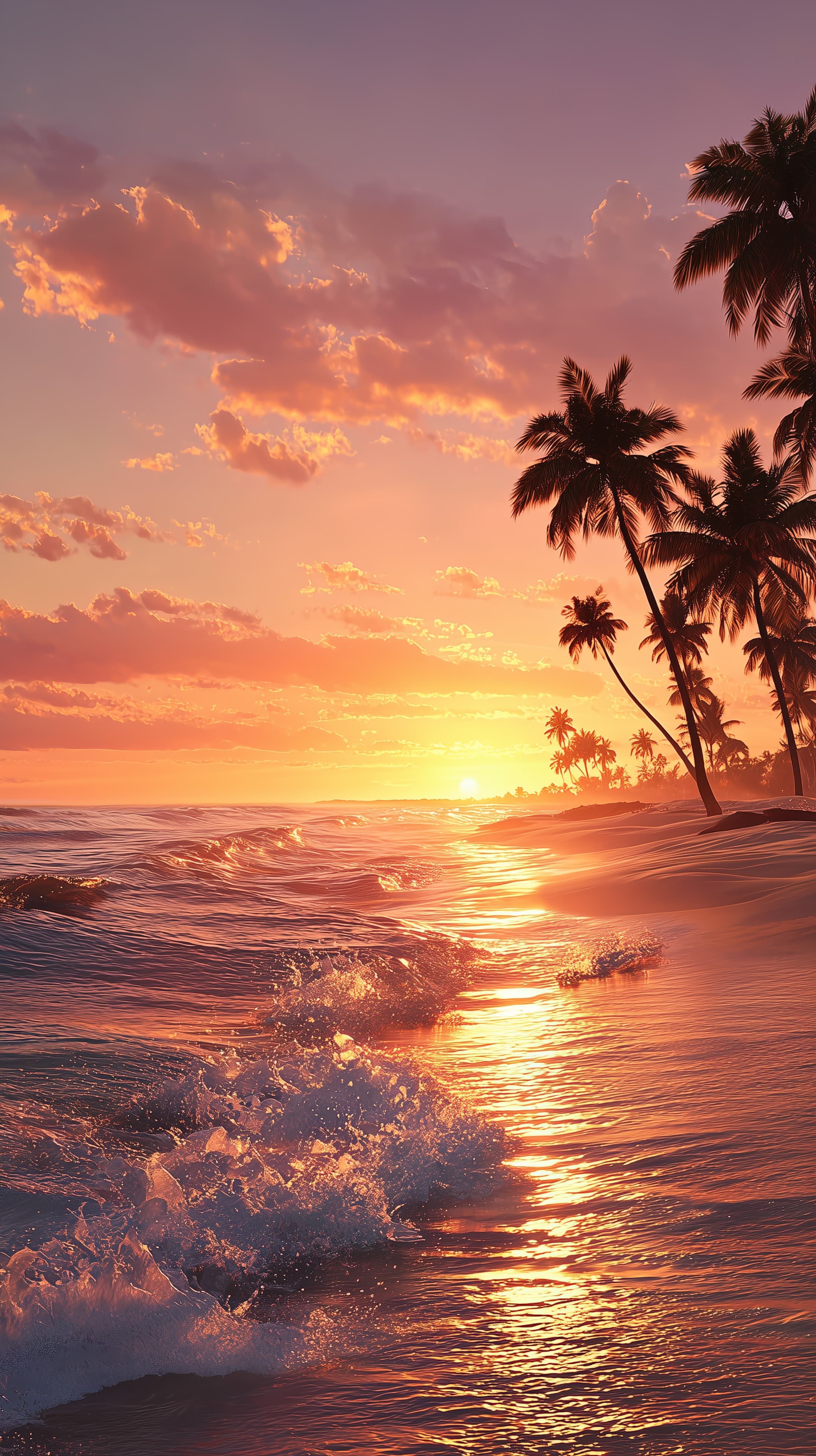 Sunset Paradise Beach Scene with Palm Trees at Golden Hour - High Resolution beach Wallpaper for Mobile and Desktop