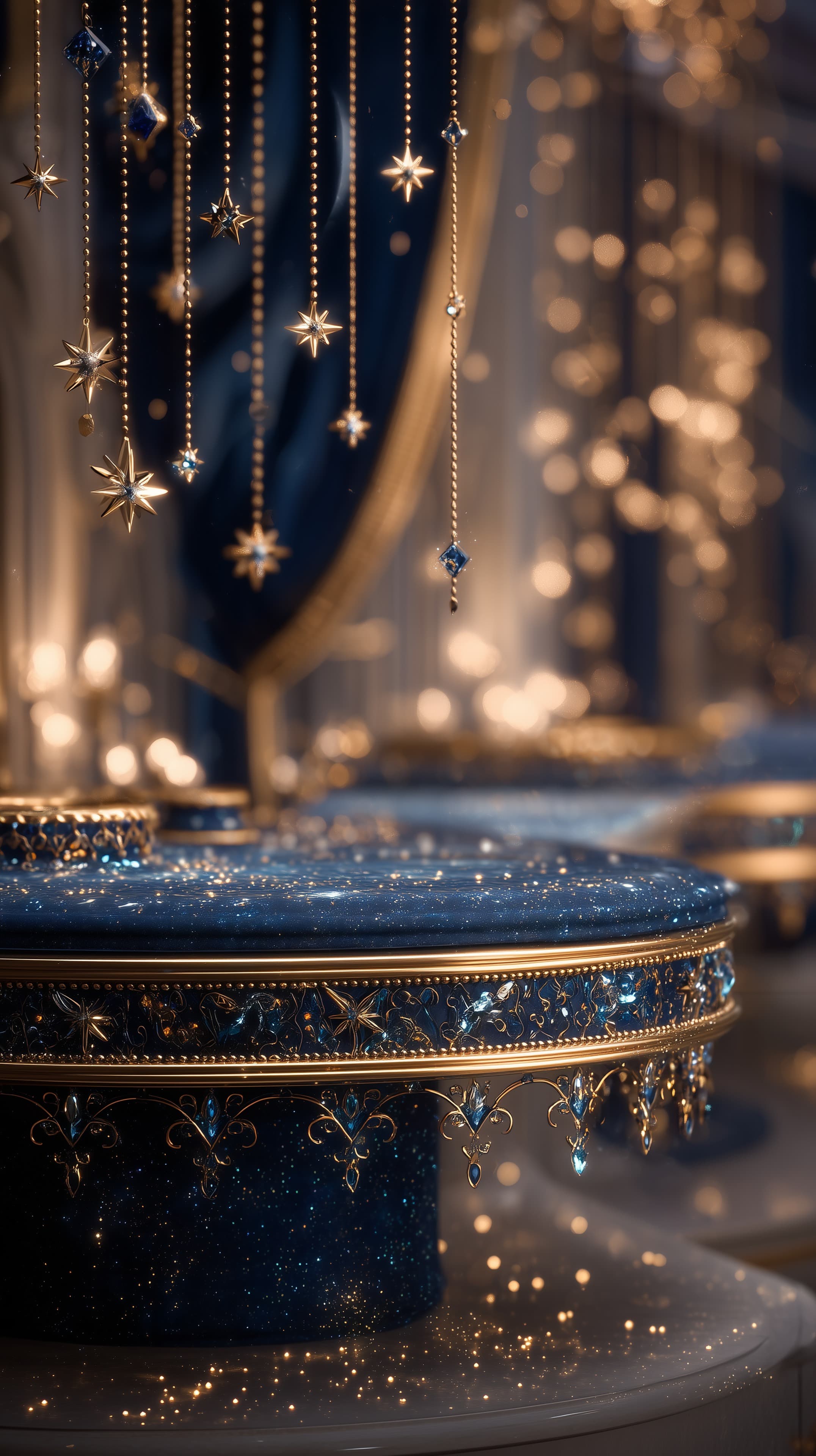 Elegant blue and gold starry decor with dangling jewels wallpaper - High Resolution beaded-decor Wallpaper for Mobile and Desktop