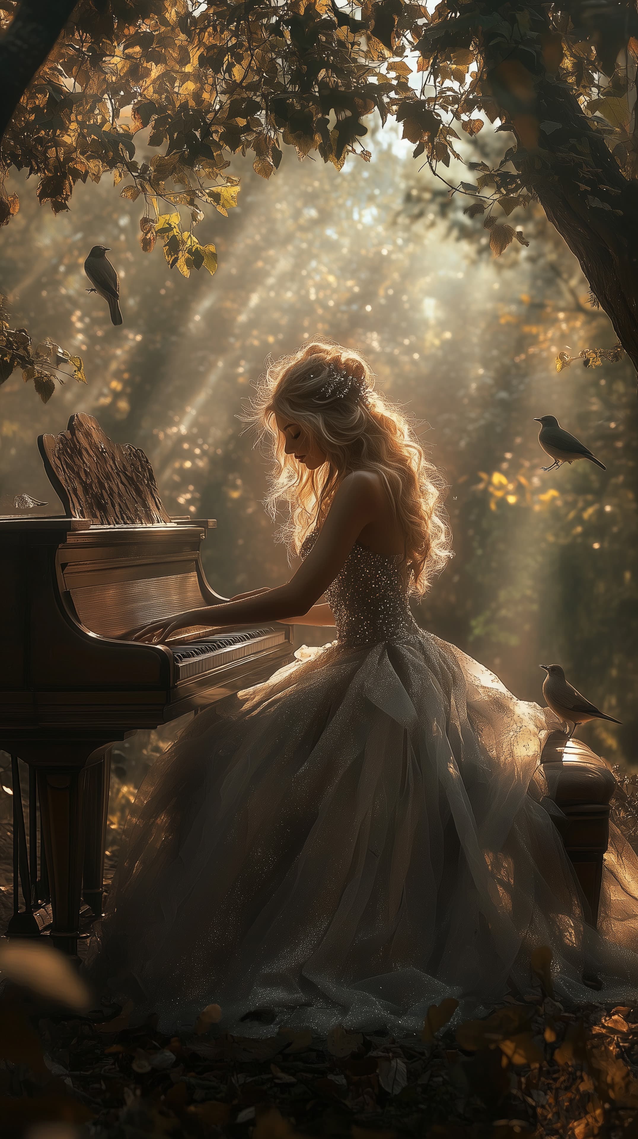 Dreamy Autumn Piano Serenade in a Sunlit Forest with Golden Rays - High Resolution autumn Wallpaper for Mobile and Desktop