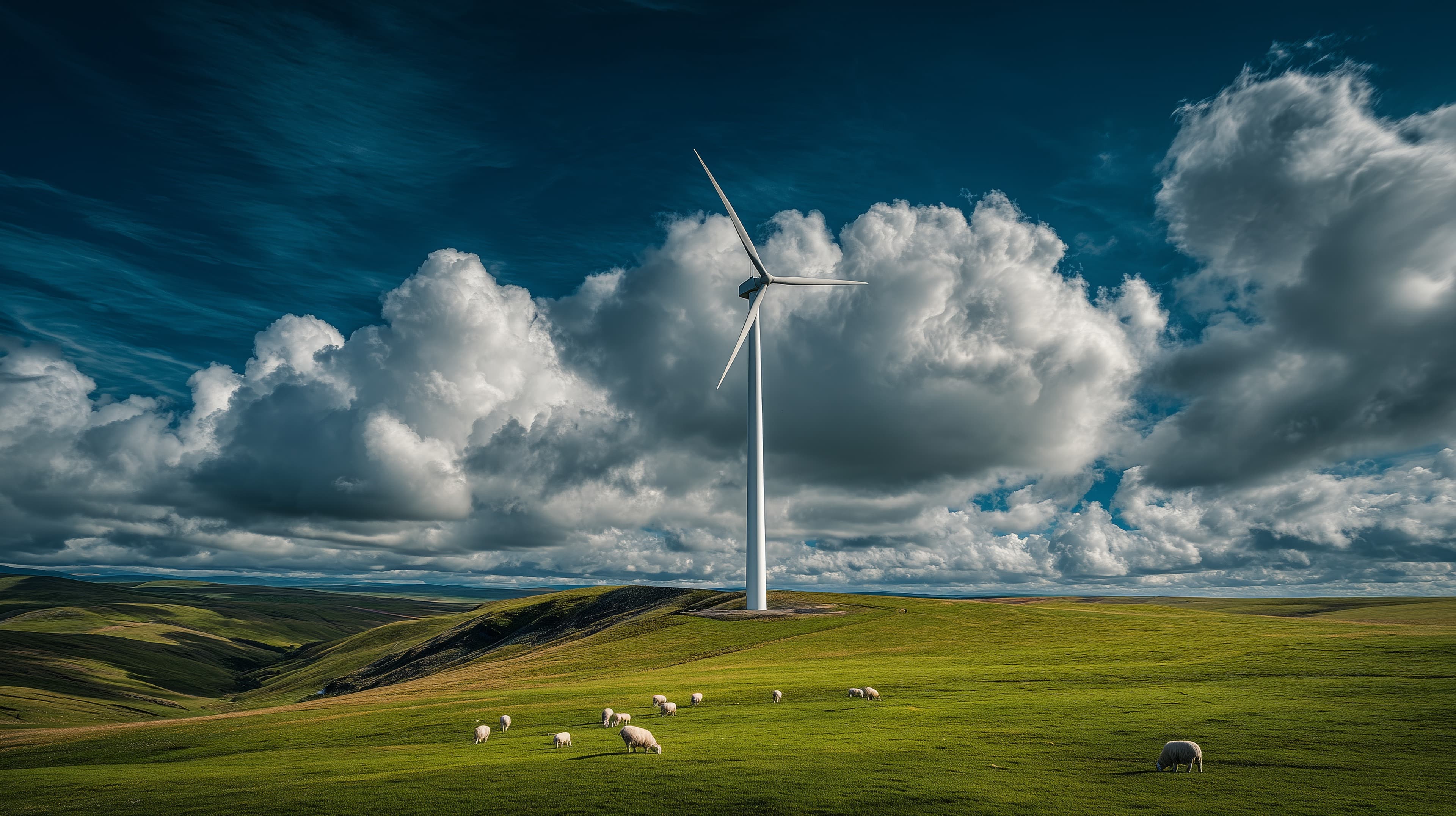 Wind Turbine over Rolling Green Hills with Sheep Under Dramatic Clouds - High Resolution blue-sky Wallpaper for Mobile and Desktop