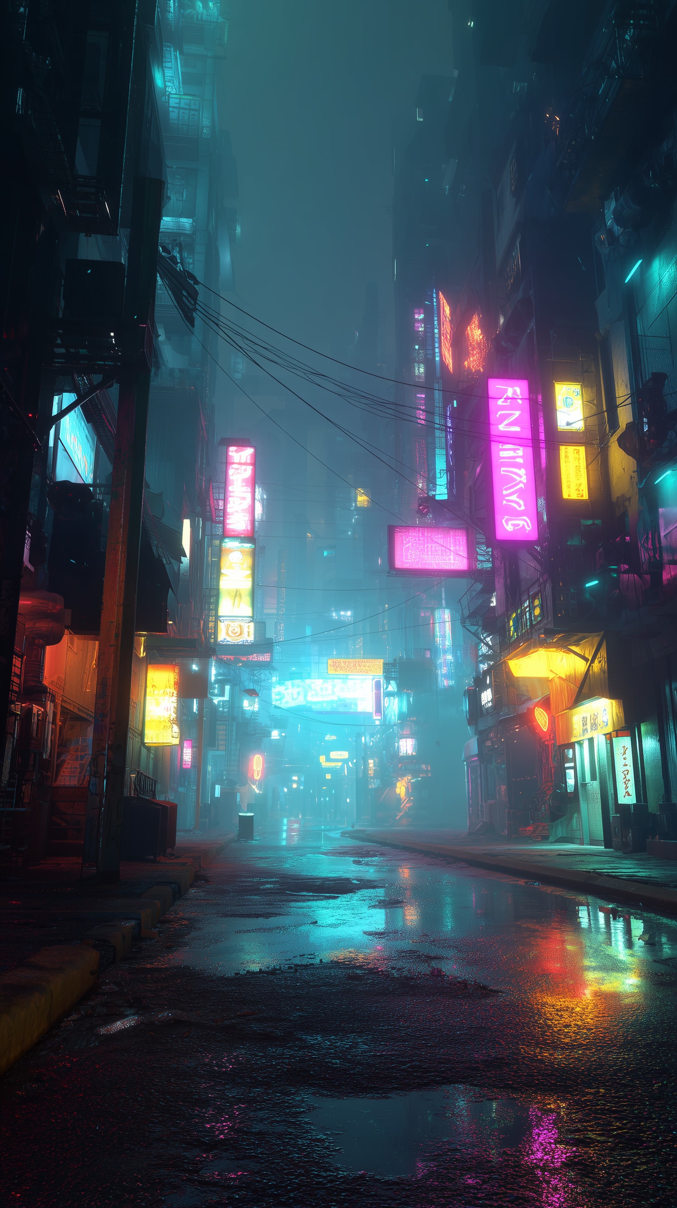 Neon Rainy Alley at Night in Cyberpunk City Streets - High Resolution city-at-night Wallpaper for Mobile and Desktop