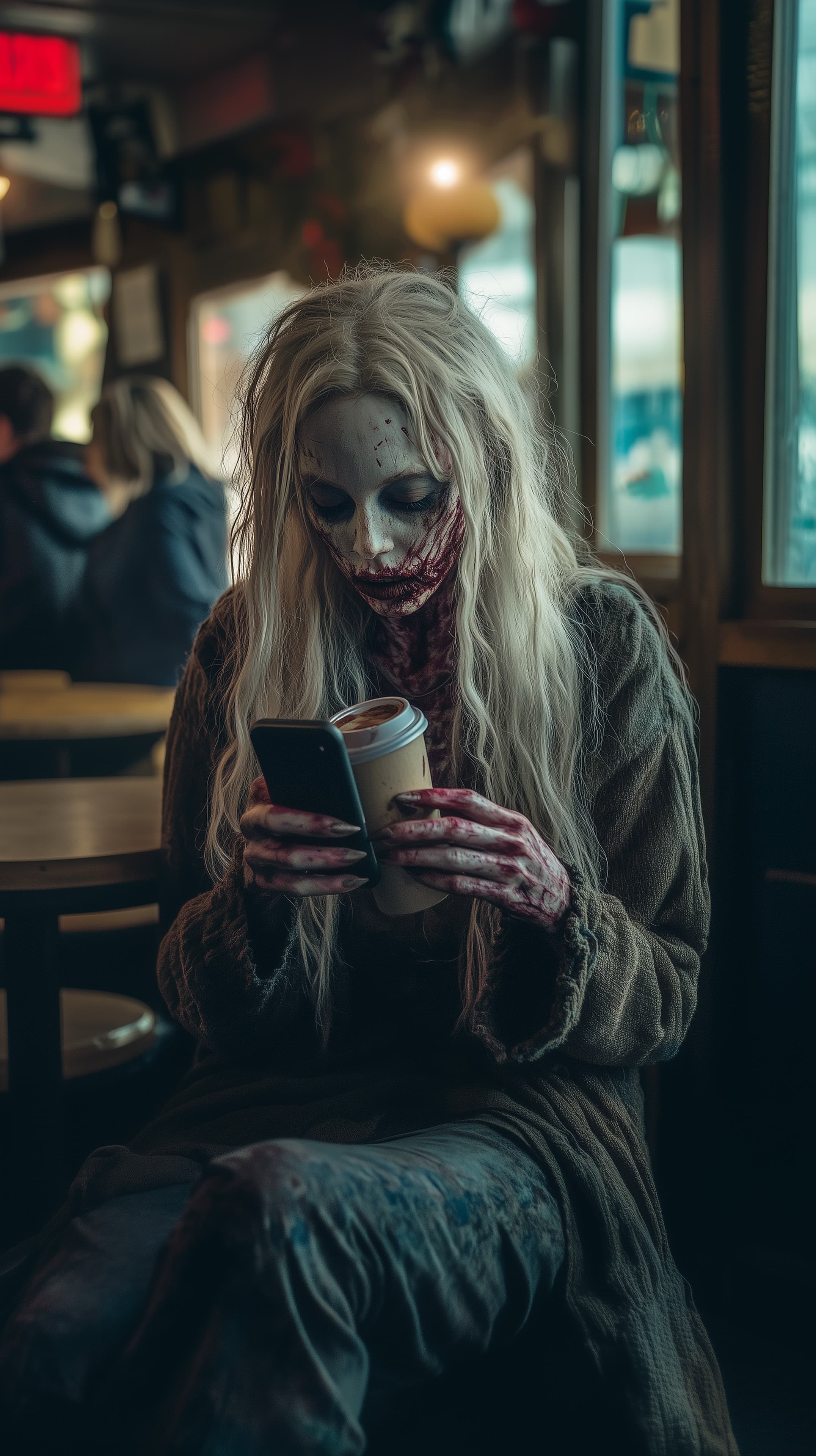 Dark Horror Cafe Portrait: Undead Woman Gazing at a Phone - High Resolution blood-detail Wallpaper for Mobile and Desktop