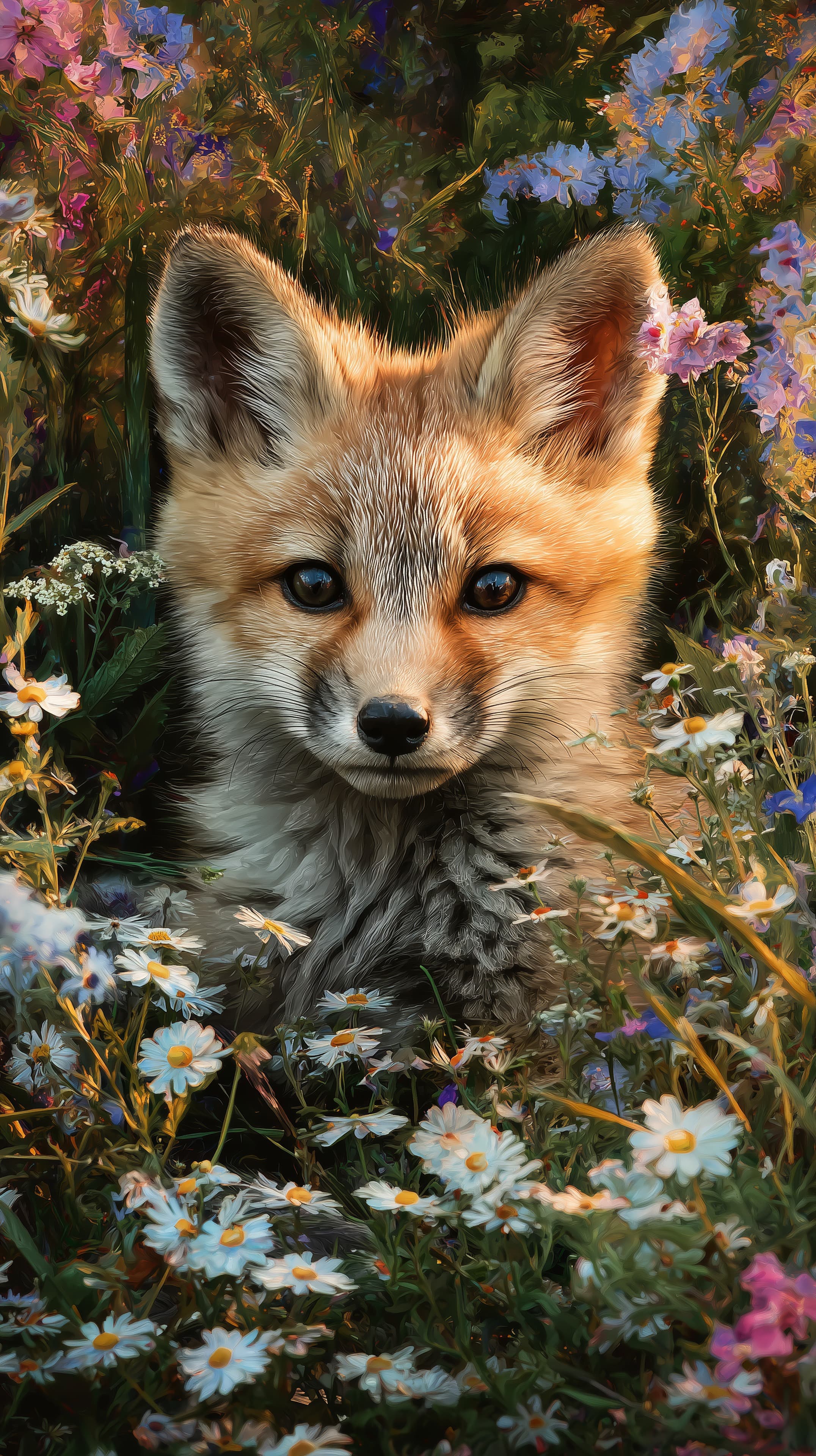 Dreamy Fox Kit in a Colorful Meadow - Soft Painted Wallpaper - High Resolution calm-scenery Wallpaper for Mobile and Desktop