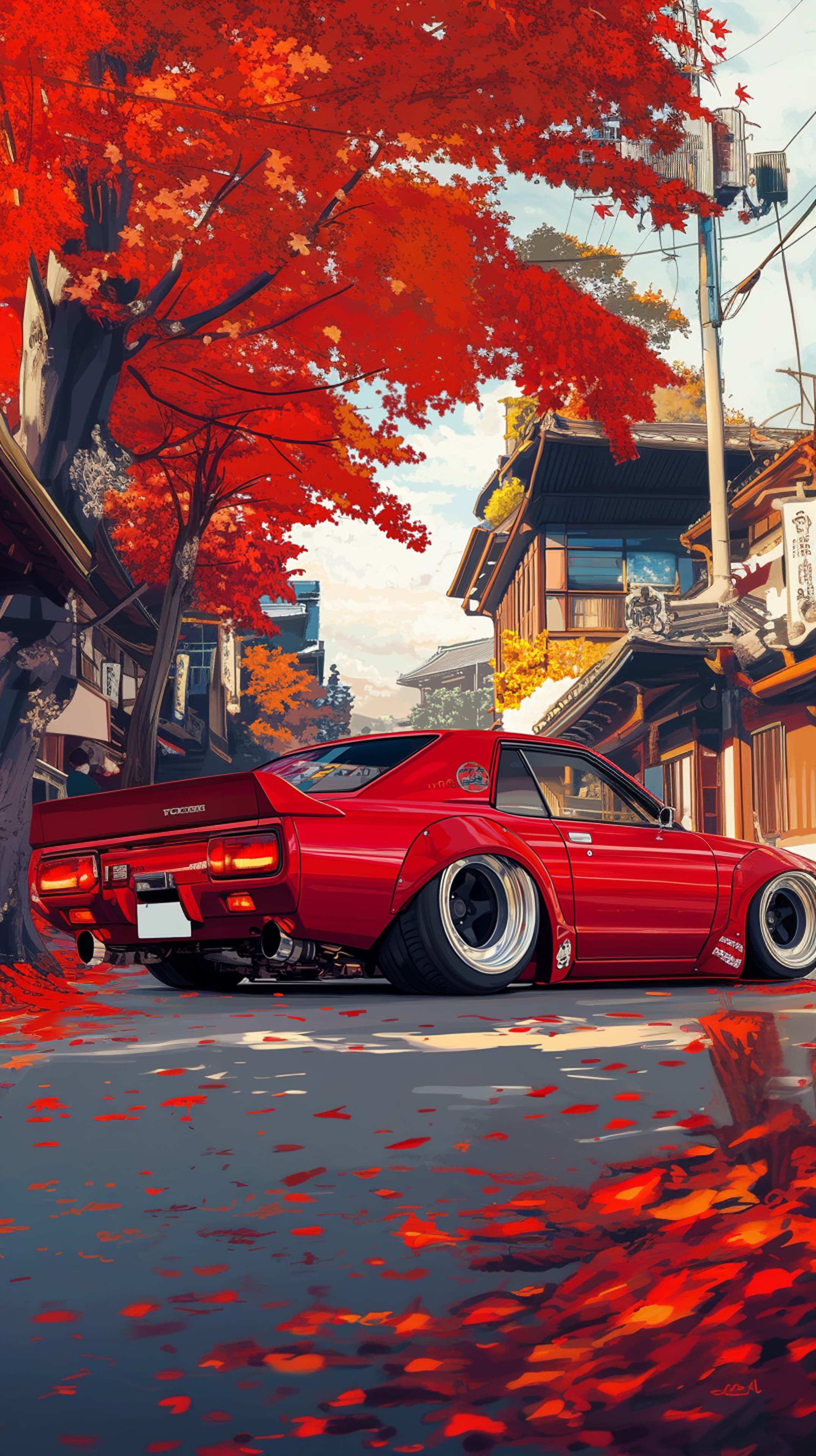Vibrant Red Sports Car in Autumn City Street Scene - High Resolution autumn Wallpaper for Mobile and Desktop