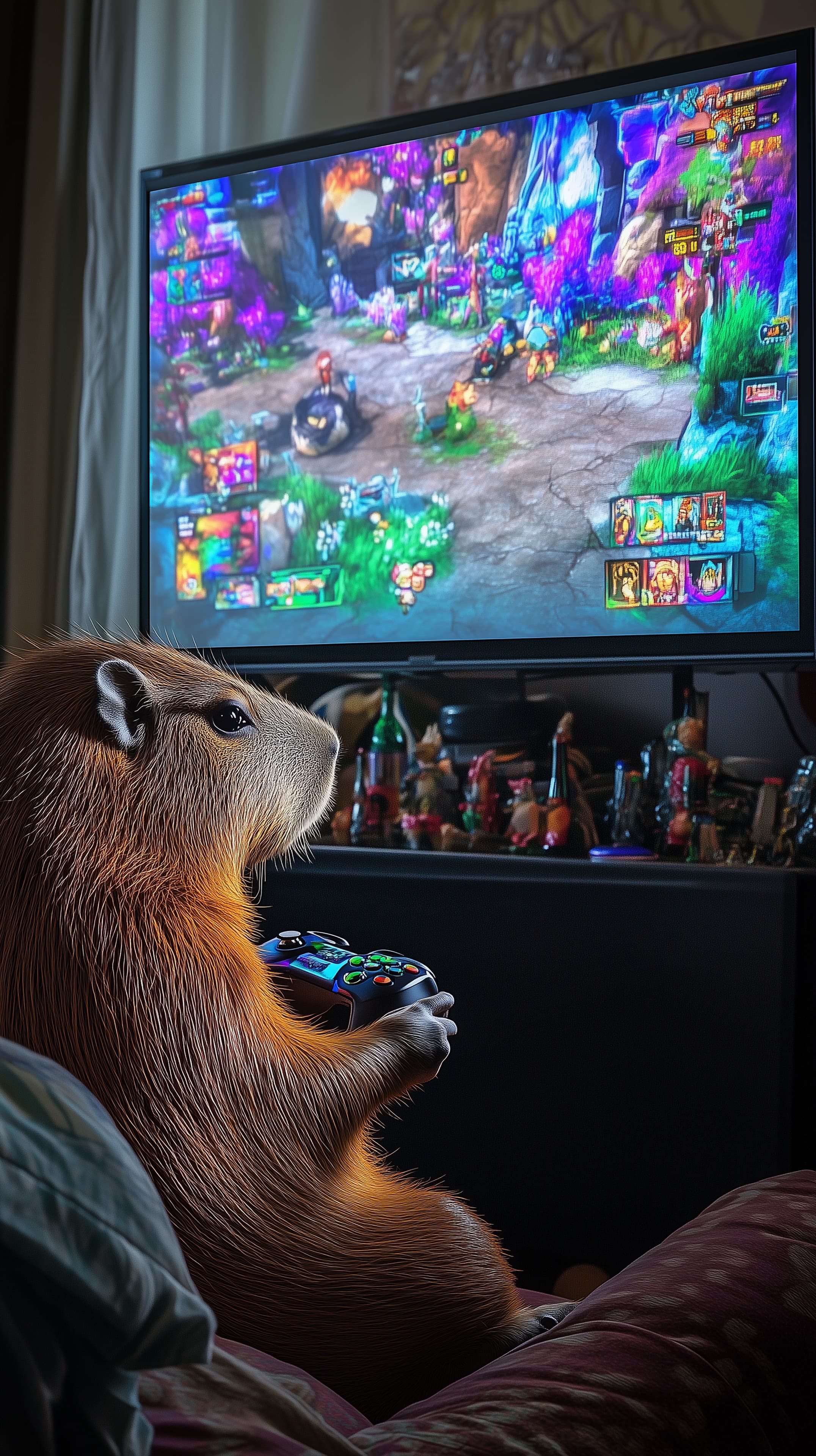 Vibrant Neon Fantasy Gaming Night with a Cute Rodent - High Resolution bright-screen Wallpaper for Mobile and Desktop
