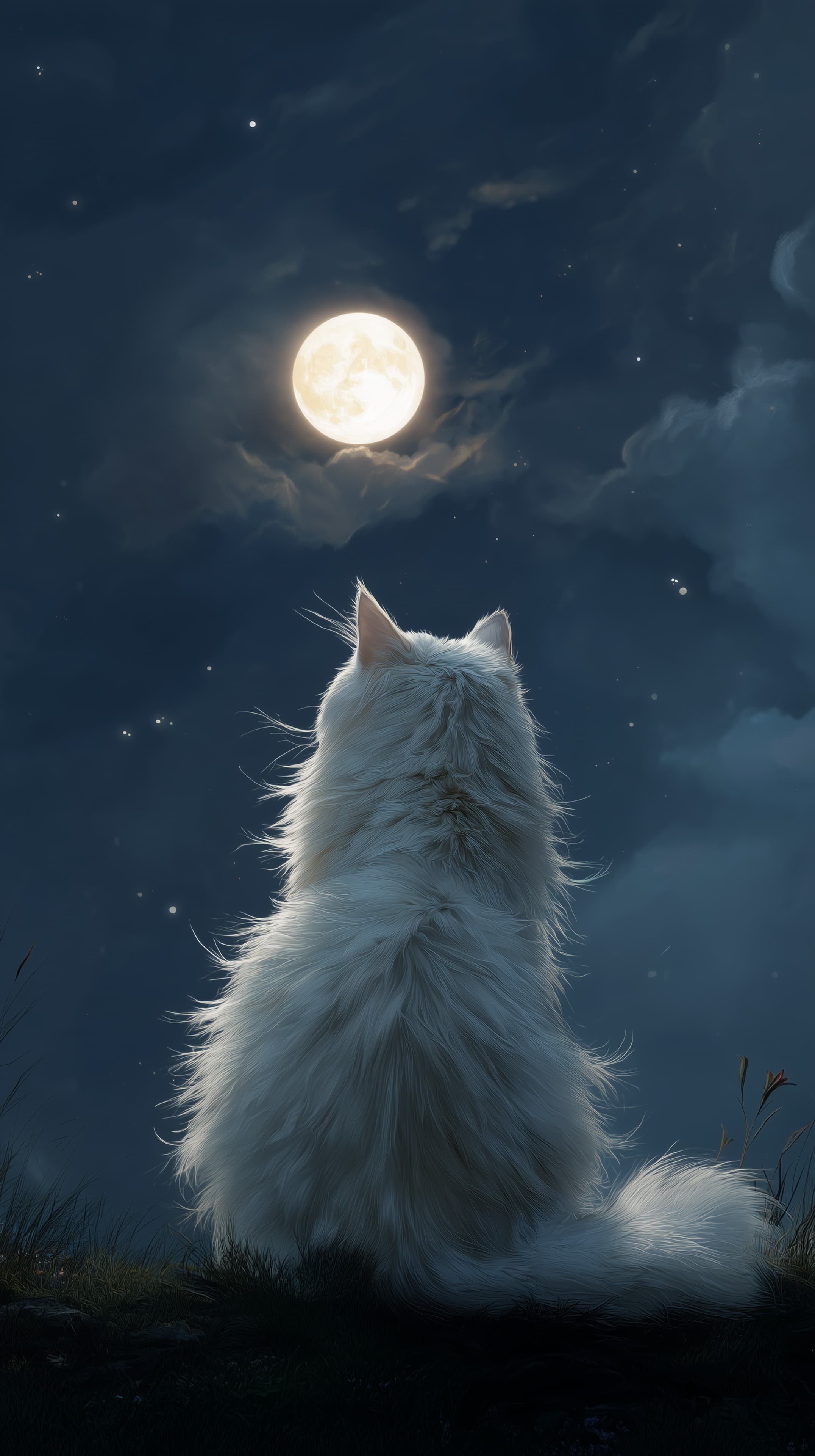Moonlit Night: Silky White Cat Under a Full Moon Overhead - High Resolution calm-mood Wallpaper for Mobile and Desktop