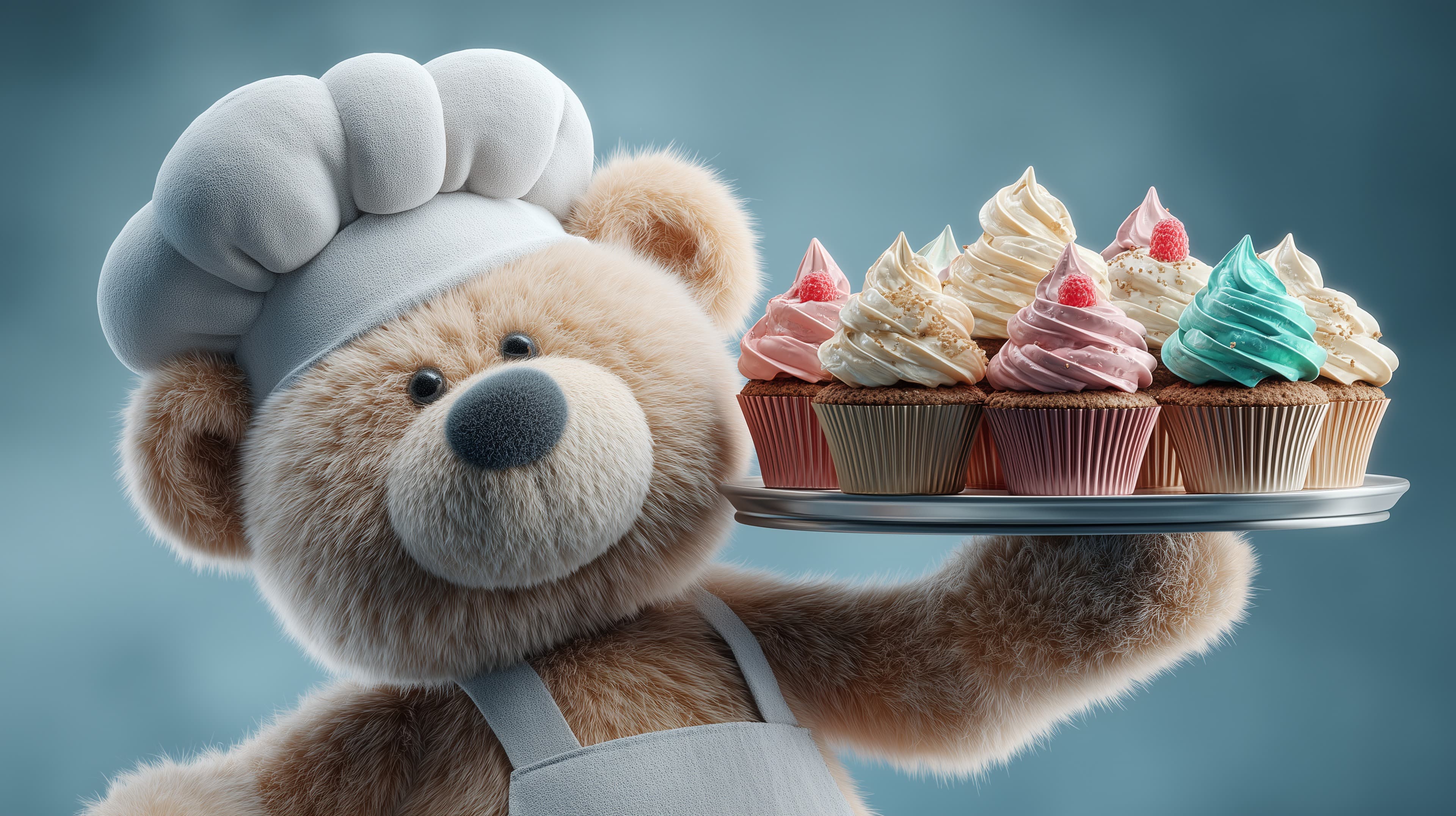 Charming Teddy Chef with Colorful Cupcakes wallpaper - High Resolution bakery Wallpaper for Mobile and Desktop