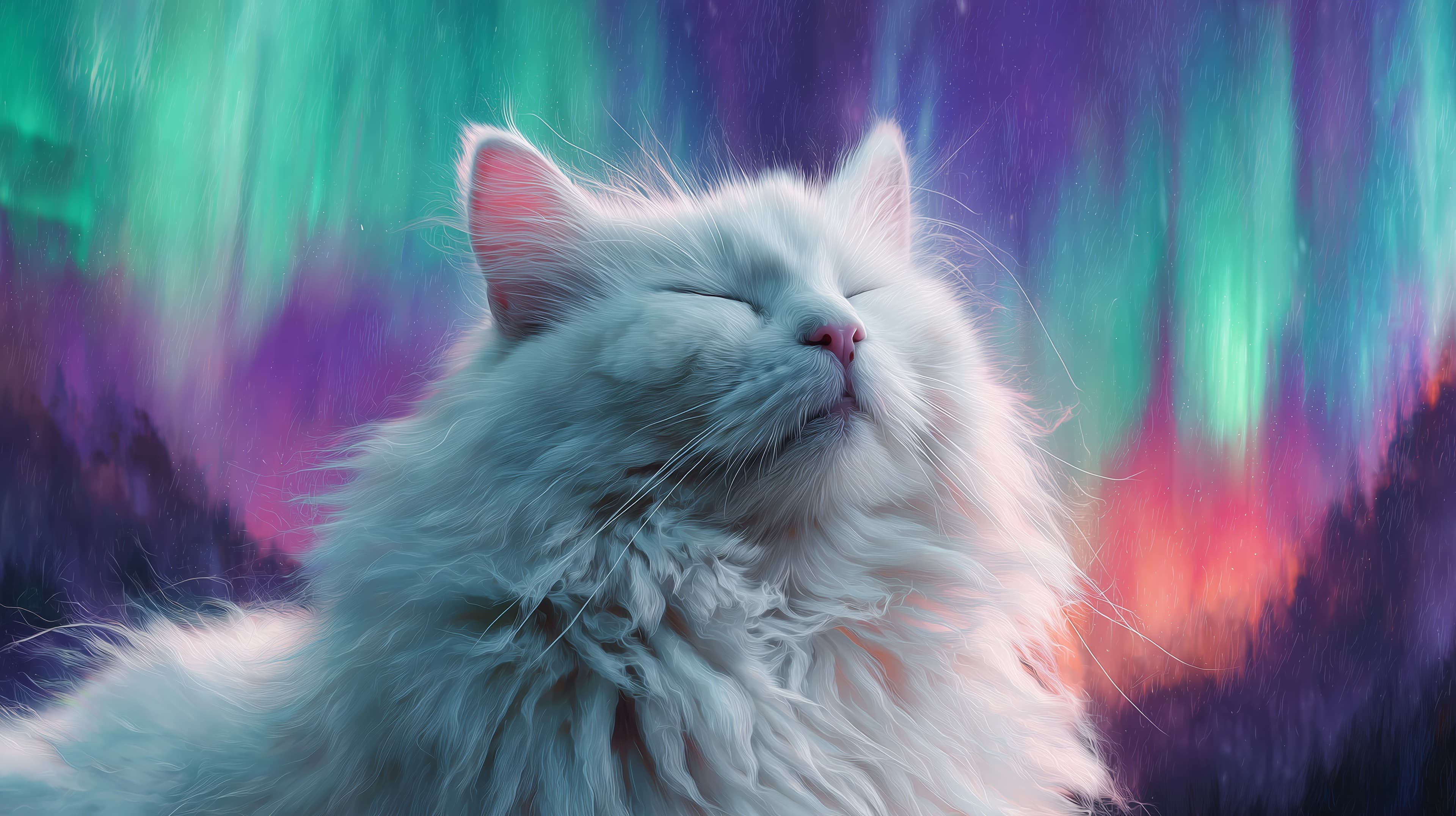 Dreamy Aurora Cat on Neon Sky - Soft White Feline Wallpaper - High Resolution animal-art Wallpaper for Mobile and Desktop